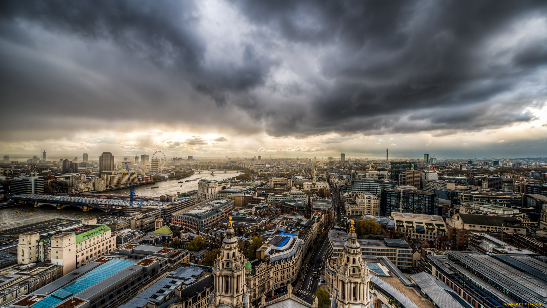 города, лондон, великобритания, обзор, высота, птичьего, полёта, вид, панорама, дорога, грозовые, тучи
