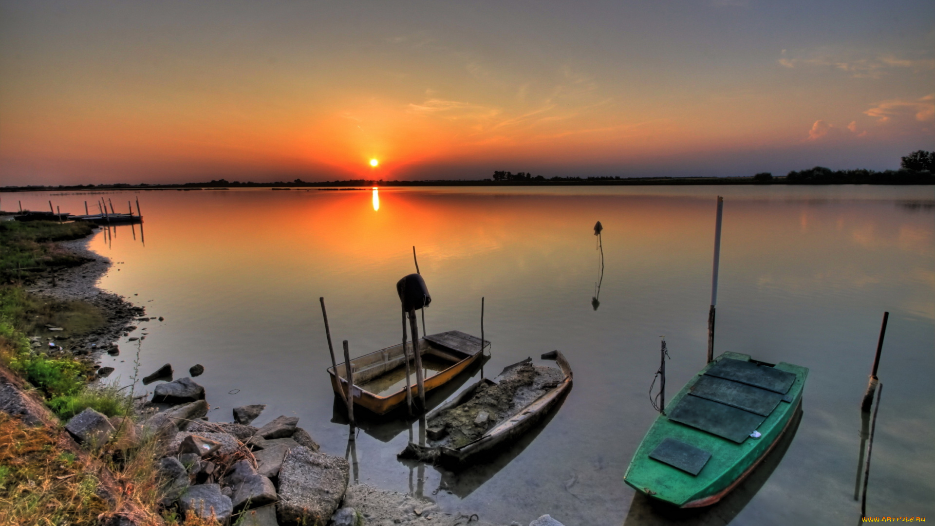 корабли, лодки, шлюпки, озеро, закат, природа, небо