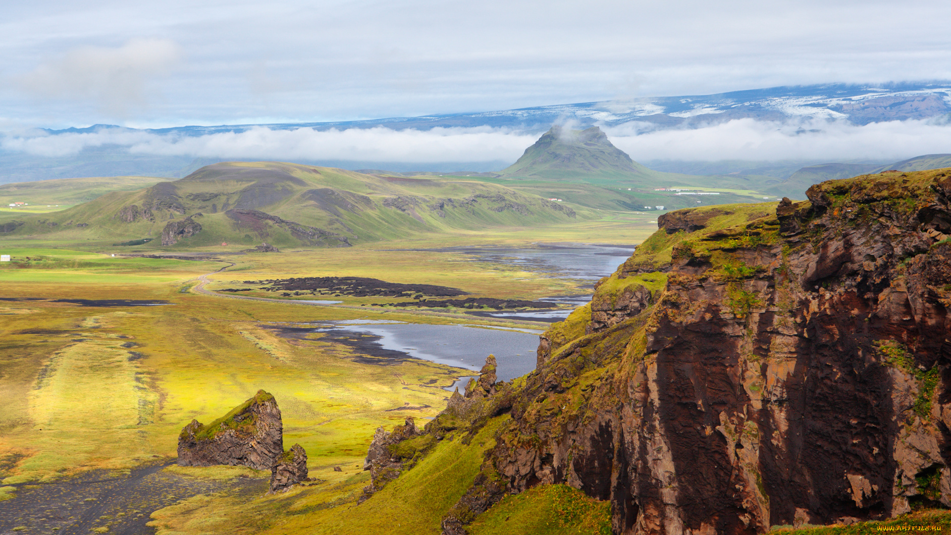природа, горы, исландия, трава, цветы, небо, облака, склоны, скалы