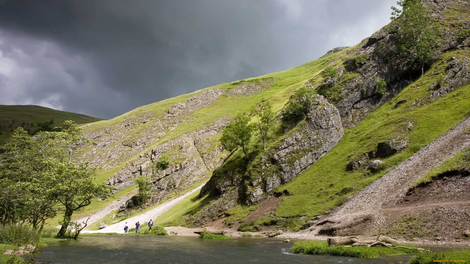 природа, горы, река, тучи