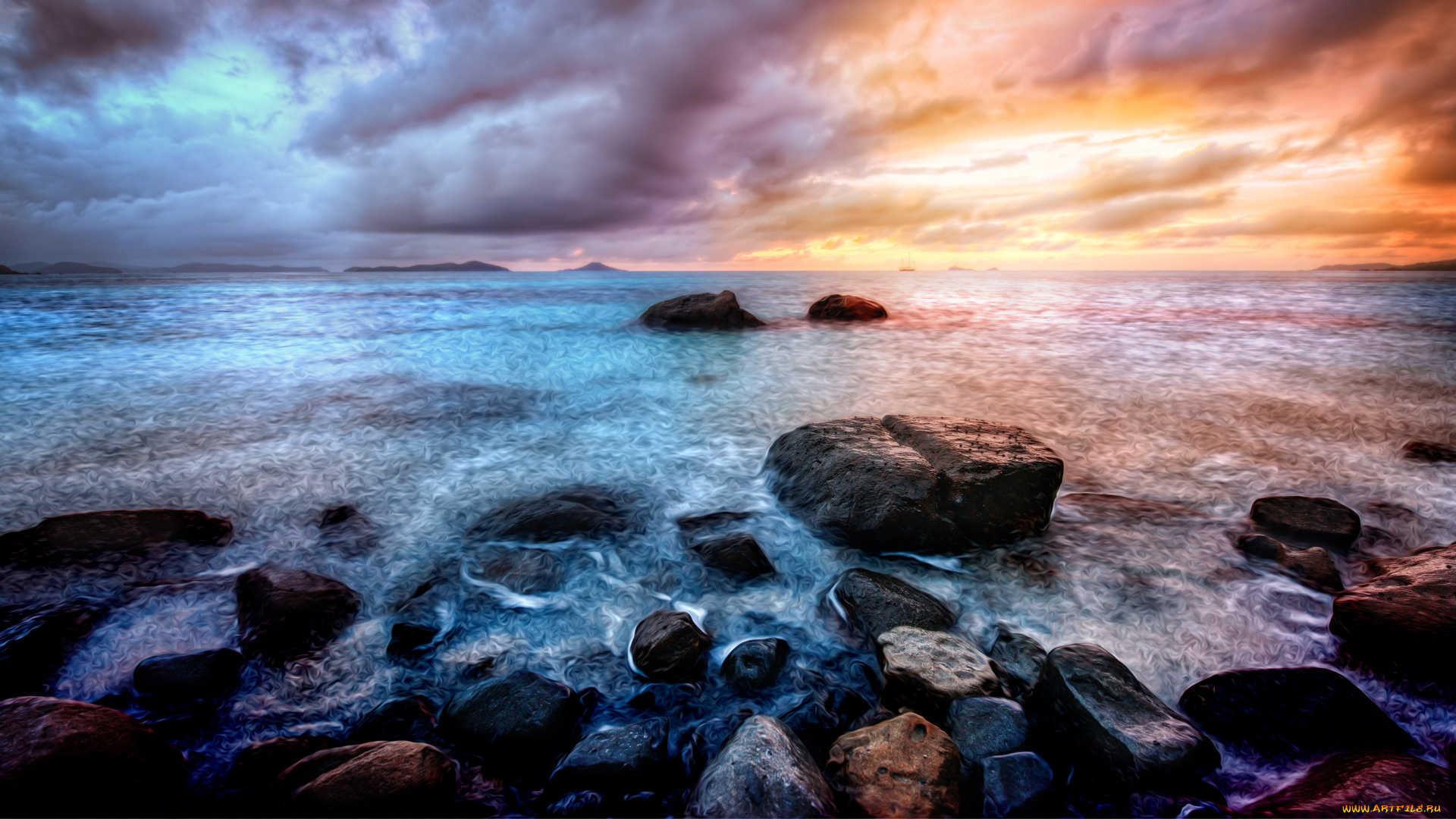 природа, побережье, камни, океан, hdr