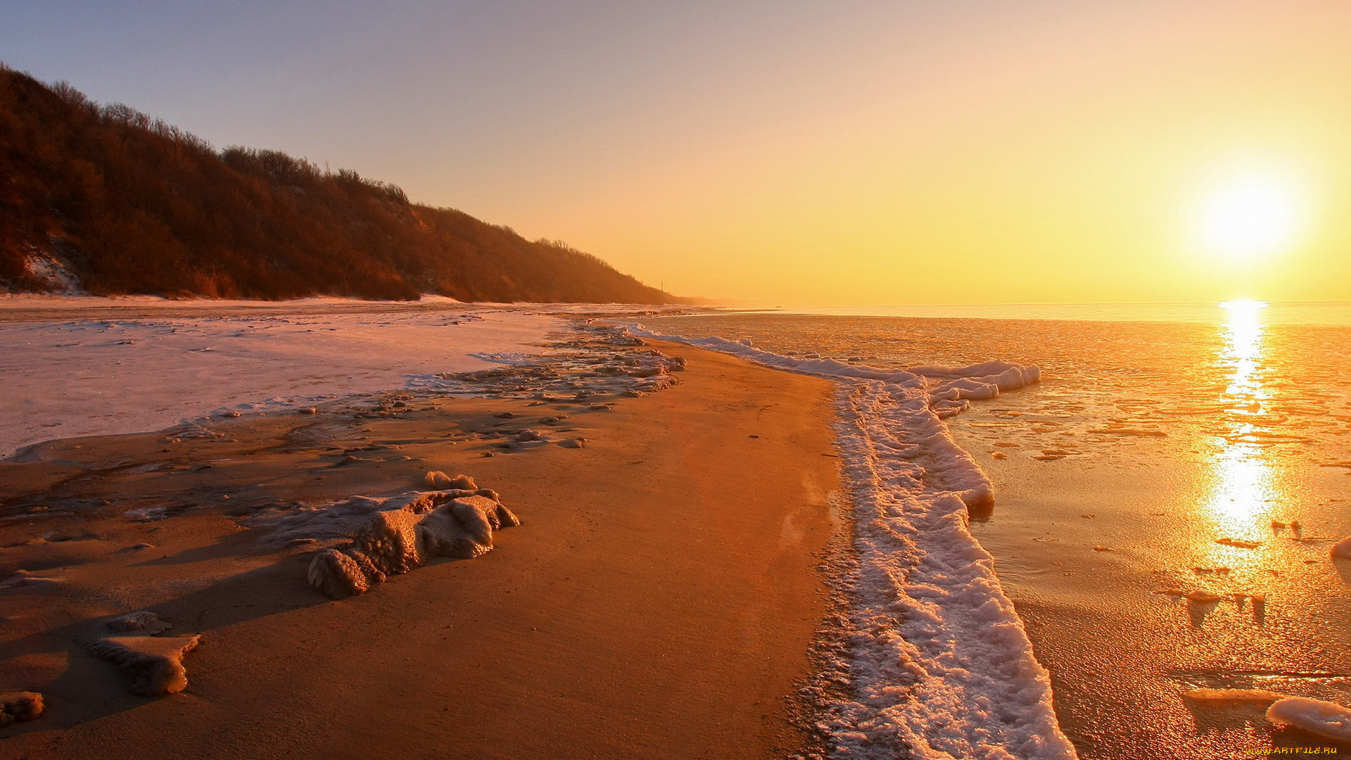 природа, восходы, закаты, снег, море, закат, пляж