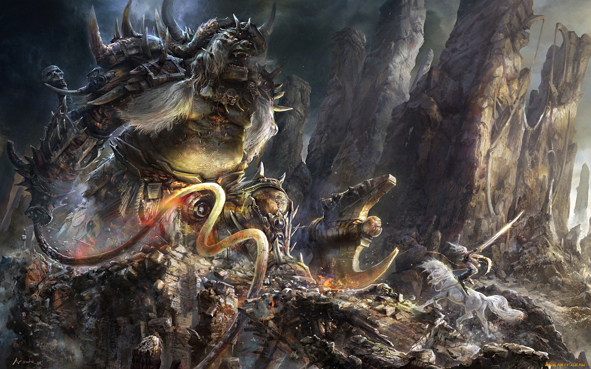 фэнтези, красавицы, чудовища, битва, скалы, схватка, чудовище, нежить, лошадь, конь, всадница, воительница, девушка