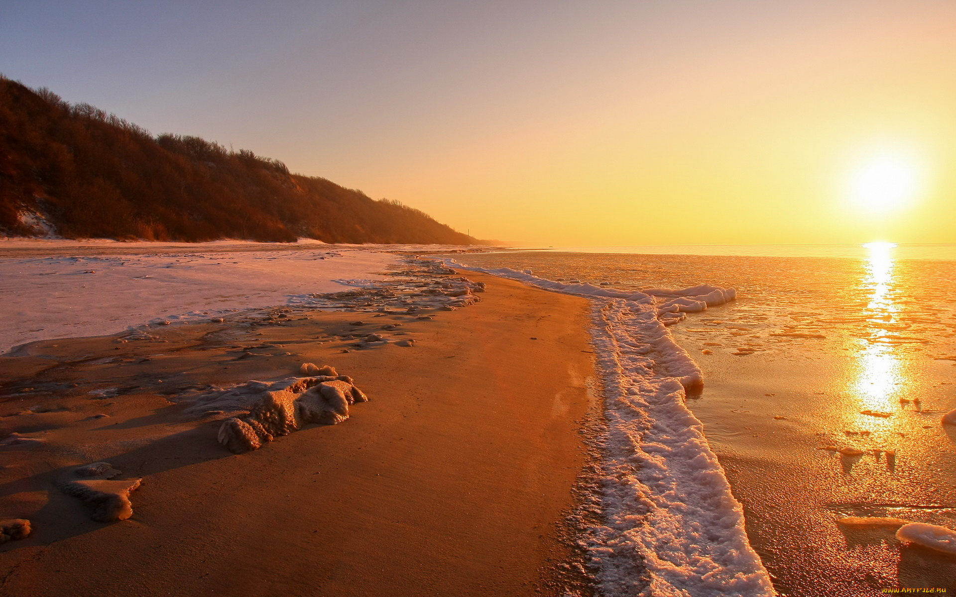 природа, восходы, закаты, снег, море, закат, пляж