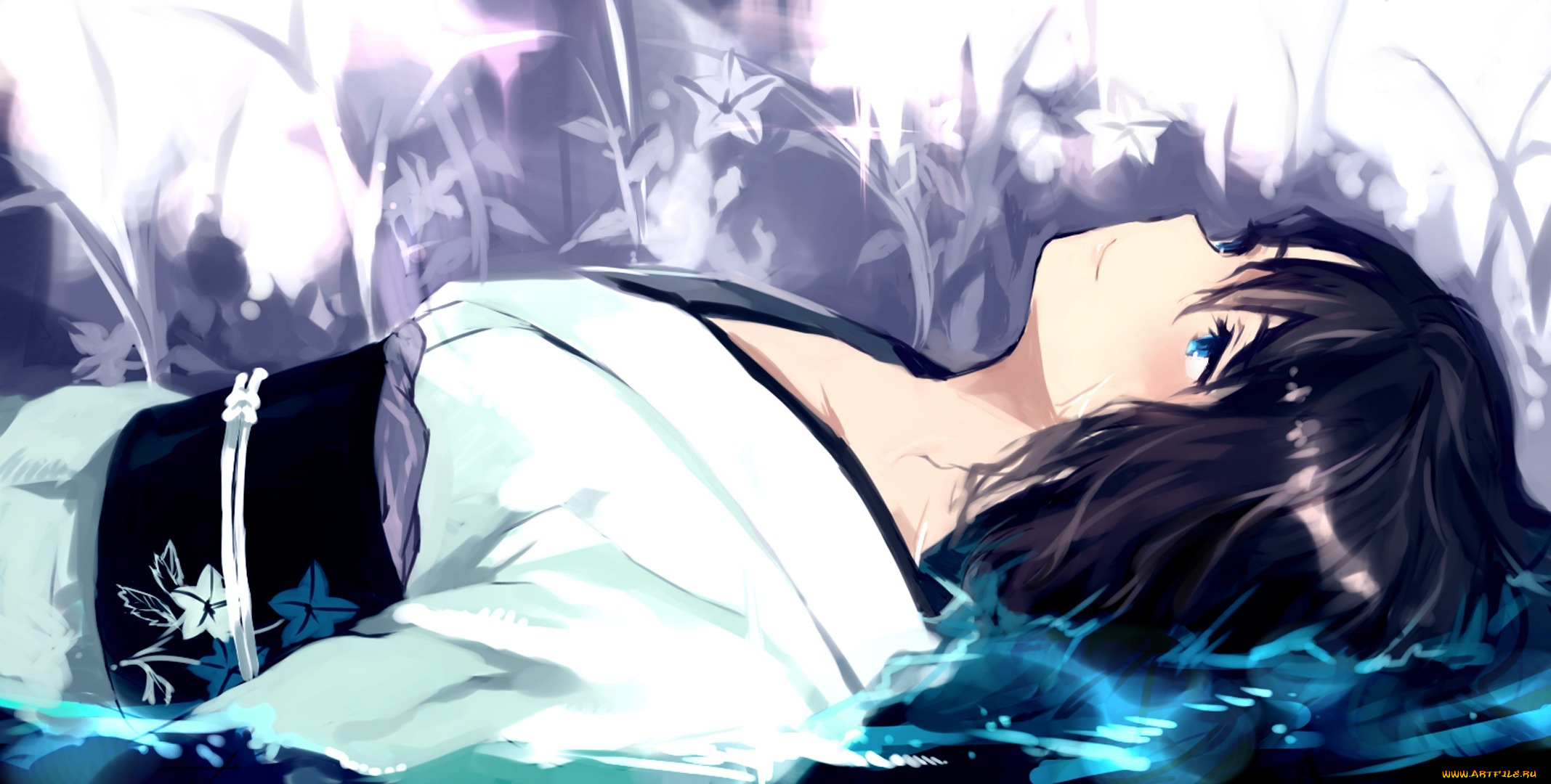 аниме, *unknown, другое, девушка, вода, цветы, кимоно