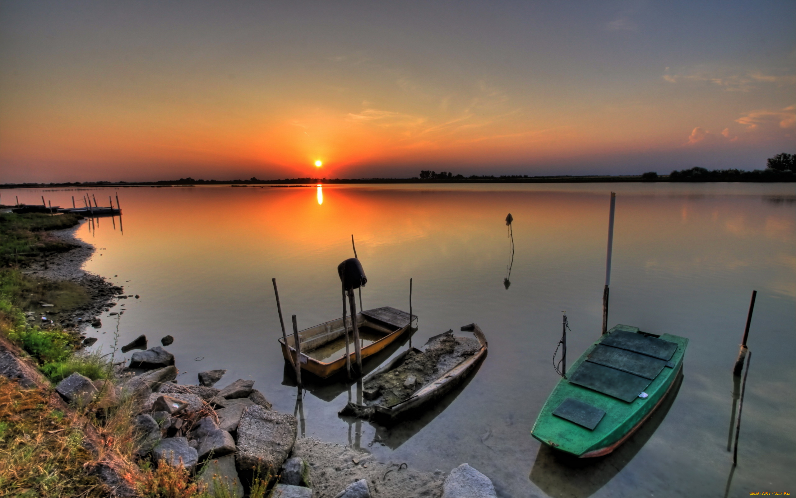 корабли, лодки, шлюпки, озеро, закат, природа, небо