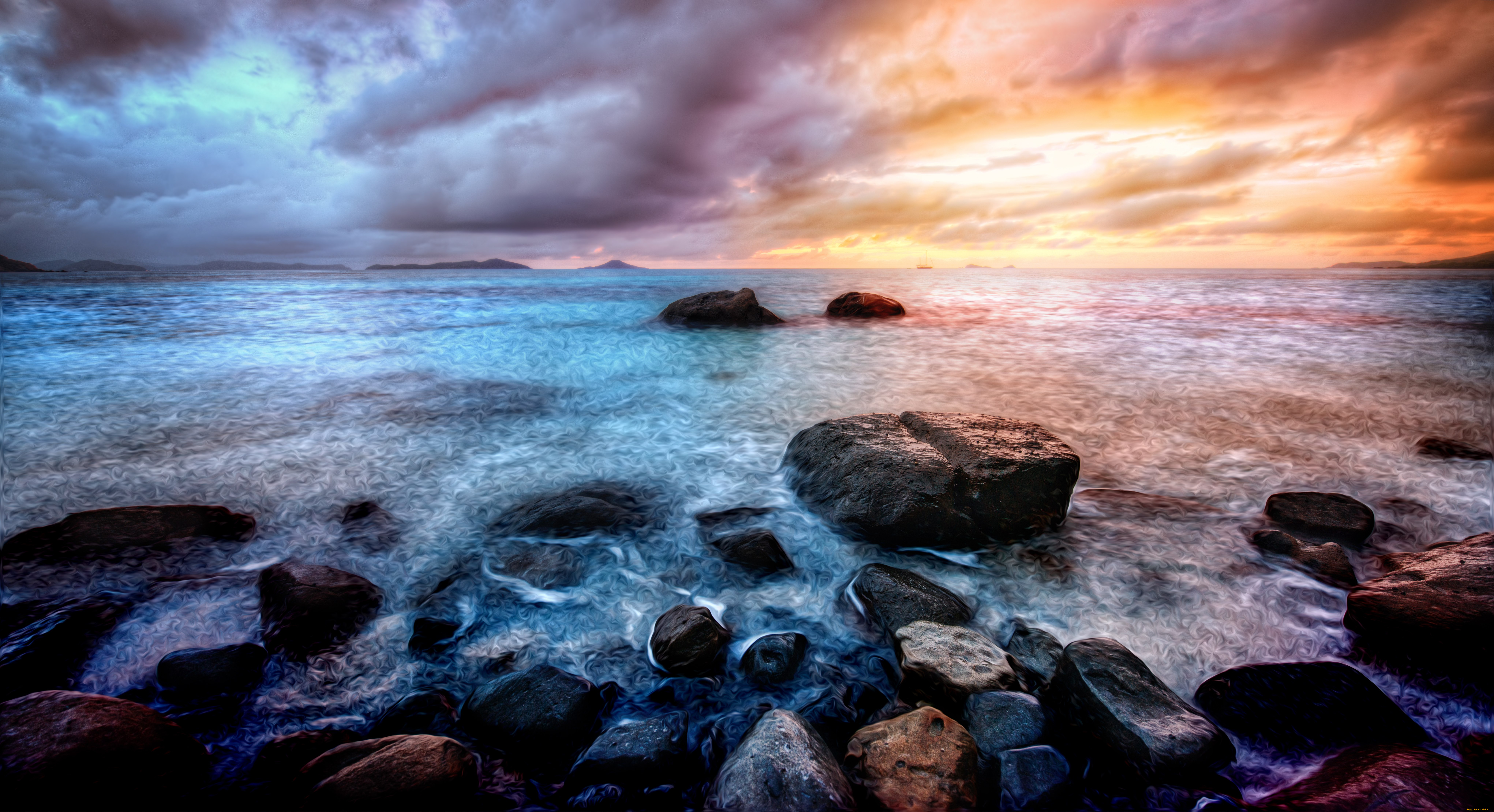 природа, побережье, камни, океан, hdr