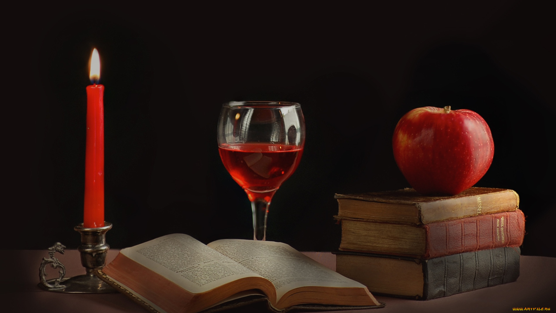 еда, натюрморт, свеча, бокал, яблоко, книги