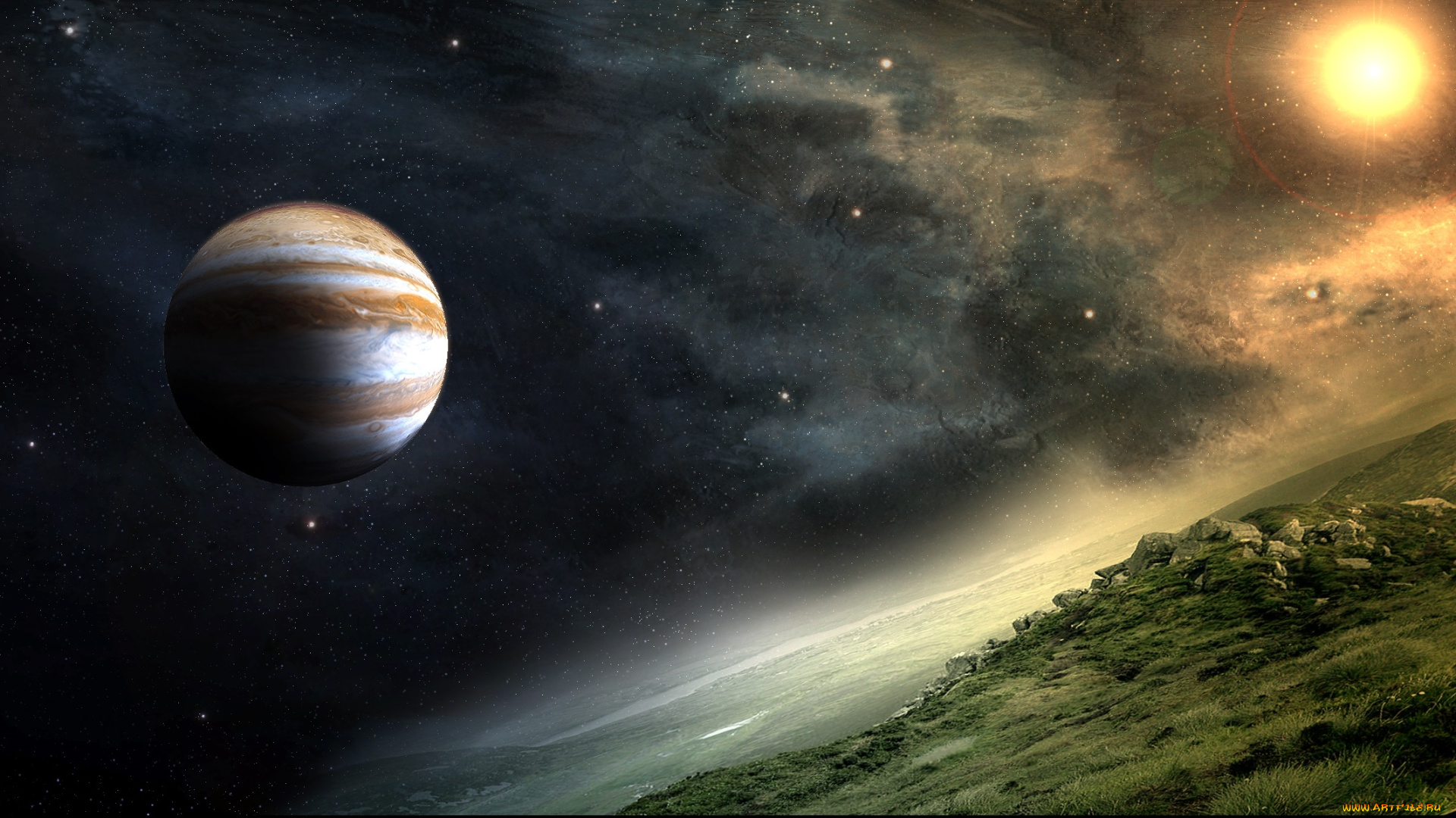 космос, арт, солнце, облака, планета