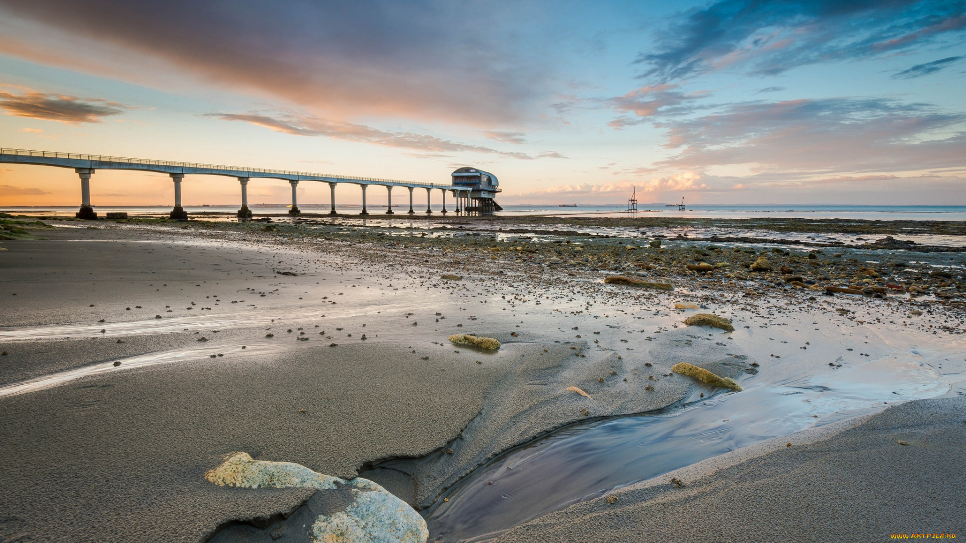 природа, побережье, пляж, море, пирс, рассвет