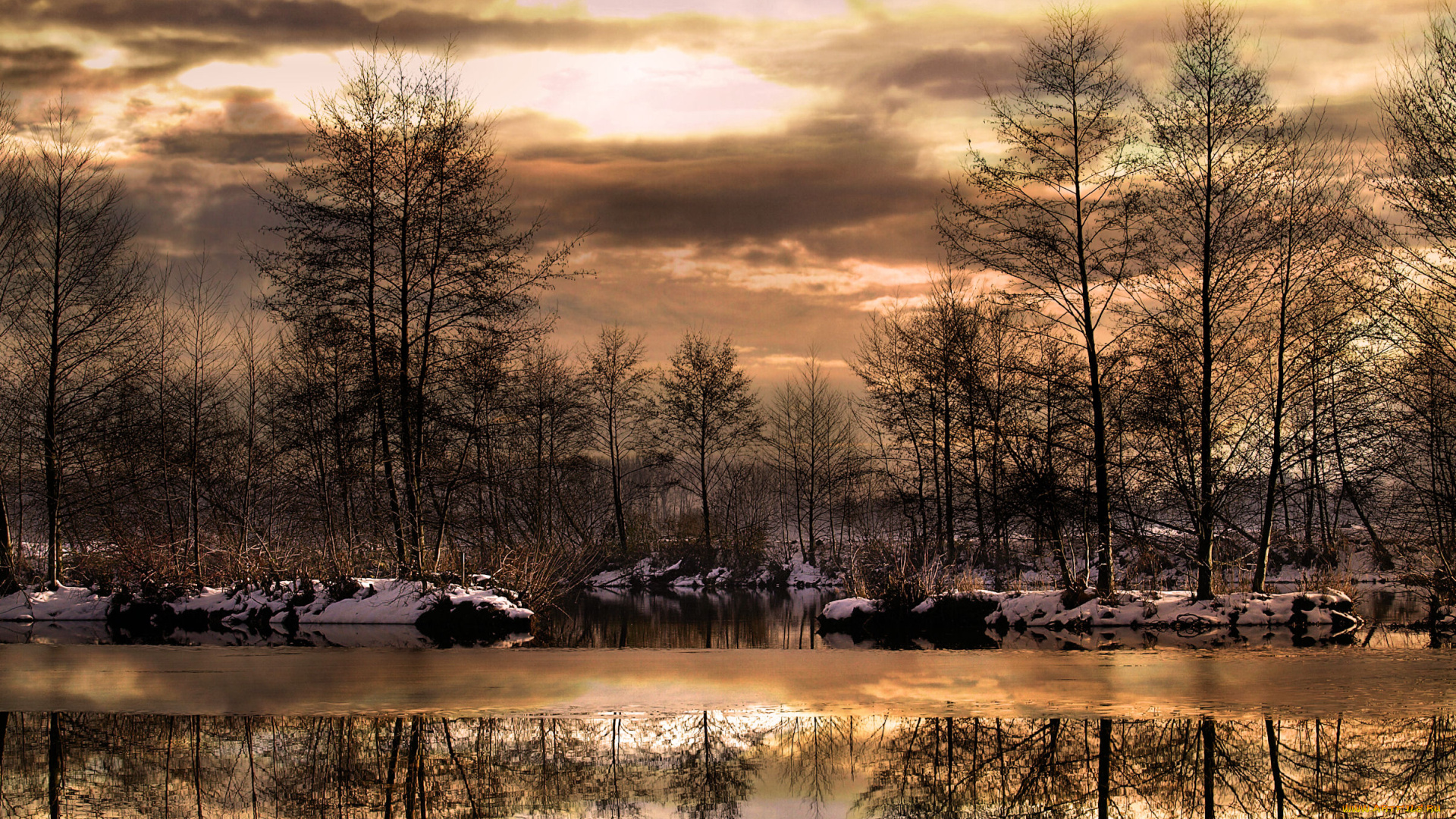 природа, реки, озера, деревья, озеро, закат, зима