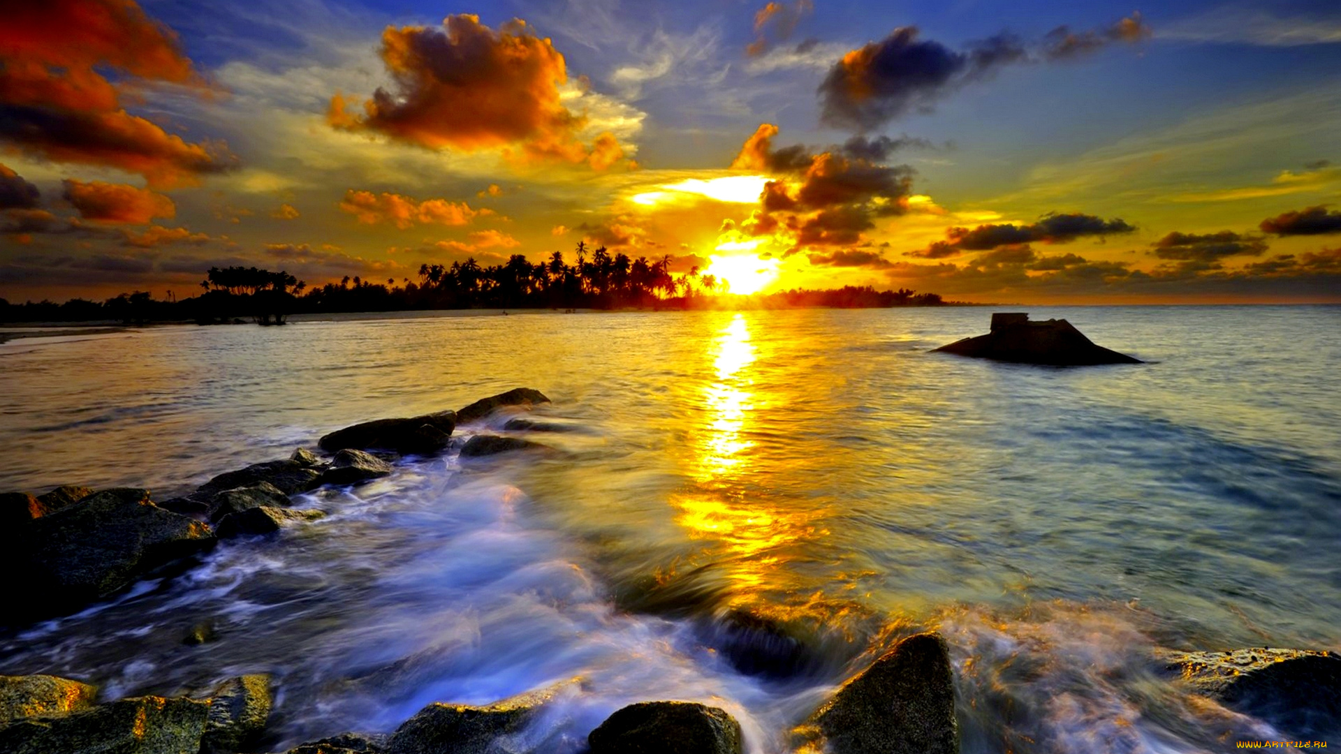 природа, восходы, закаты, океан, остров, пальмы, тучи, закат