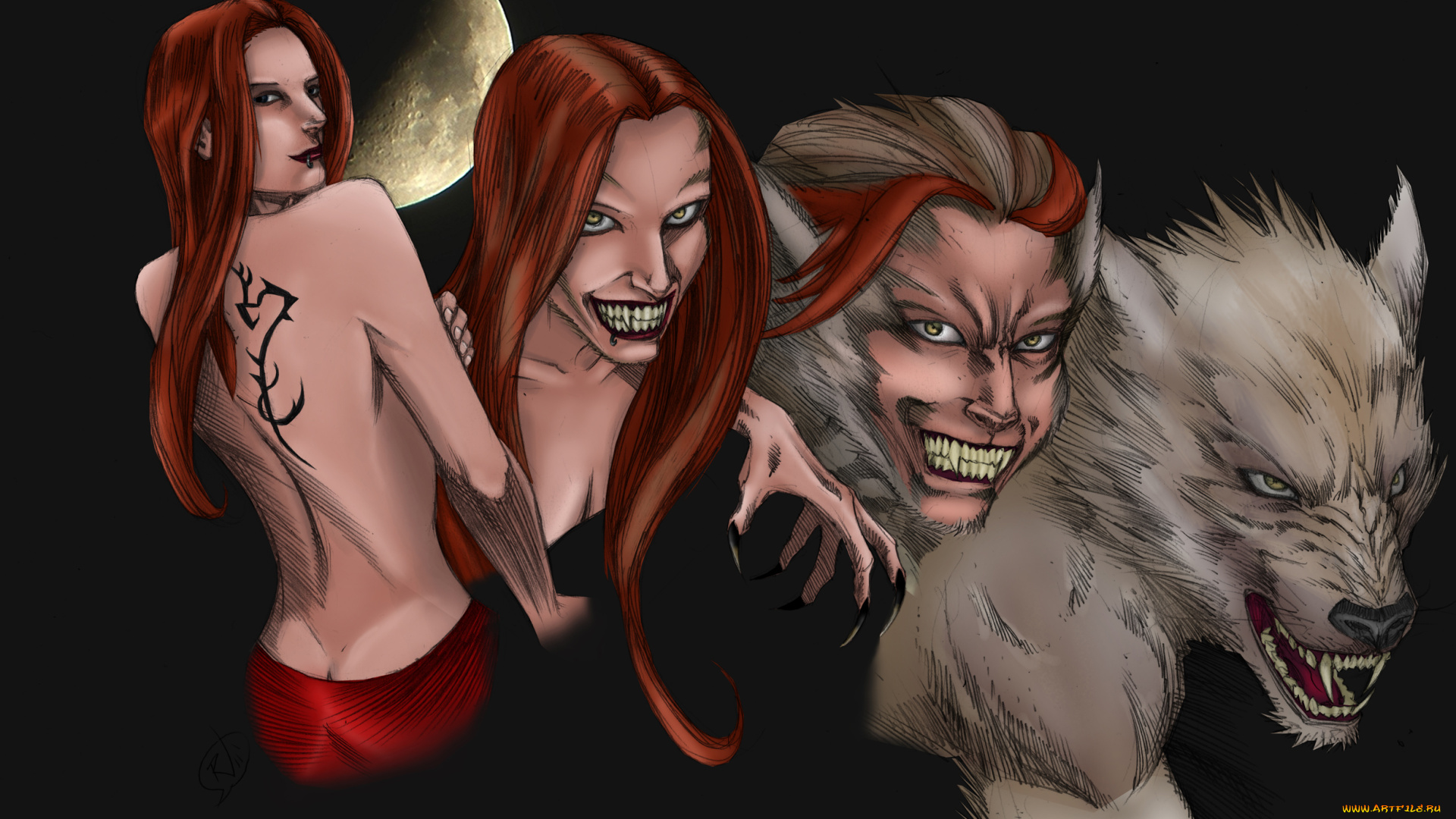 рисованные, комиксы, девушки, волк, луна