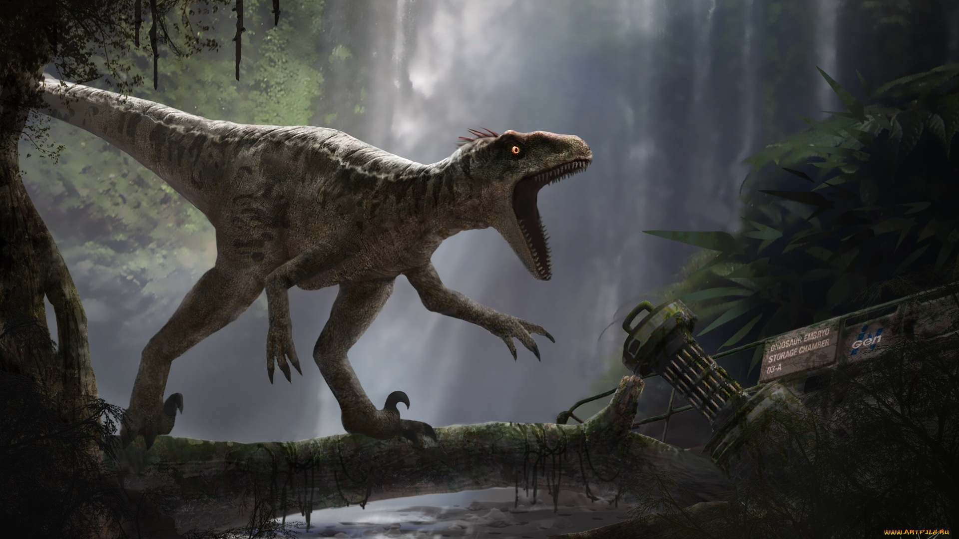 рисованные, животные, доисторические, лес, динозавр, река