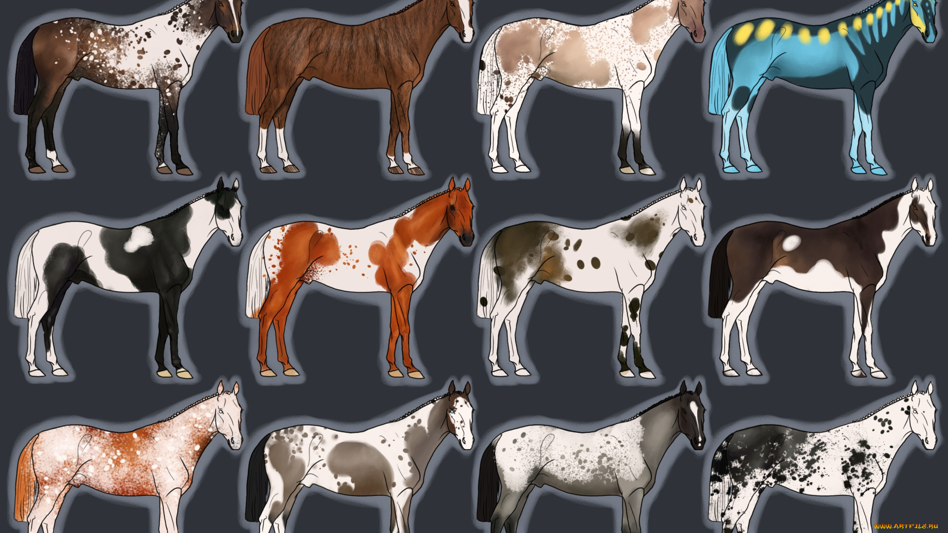 рисованные, животные, лошади