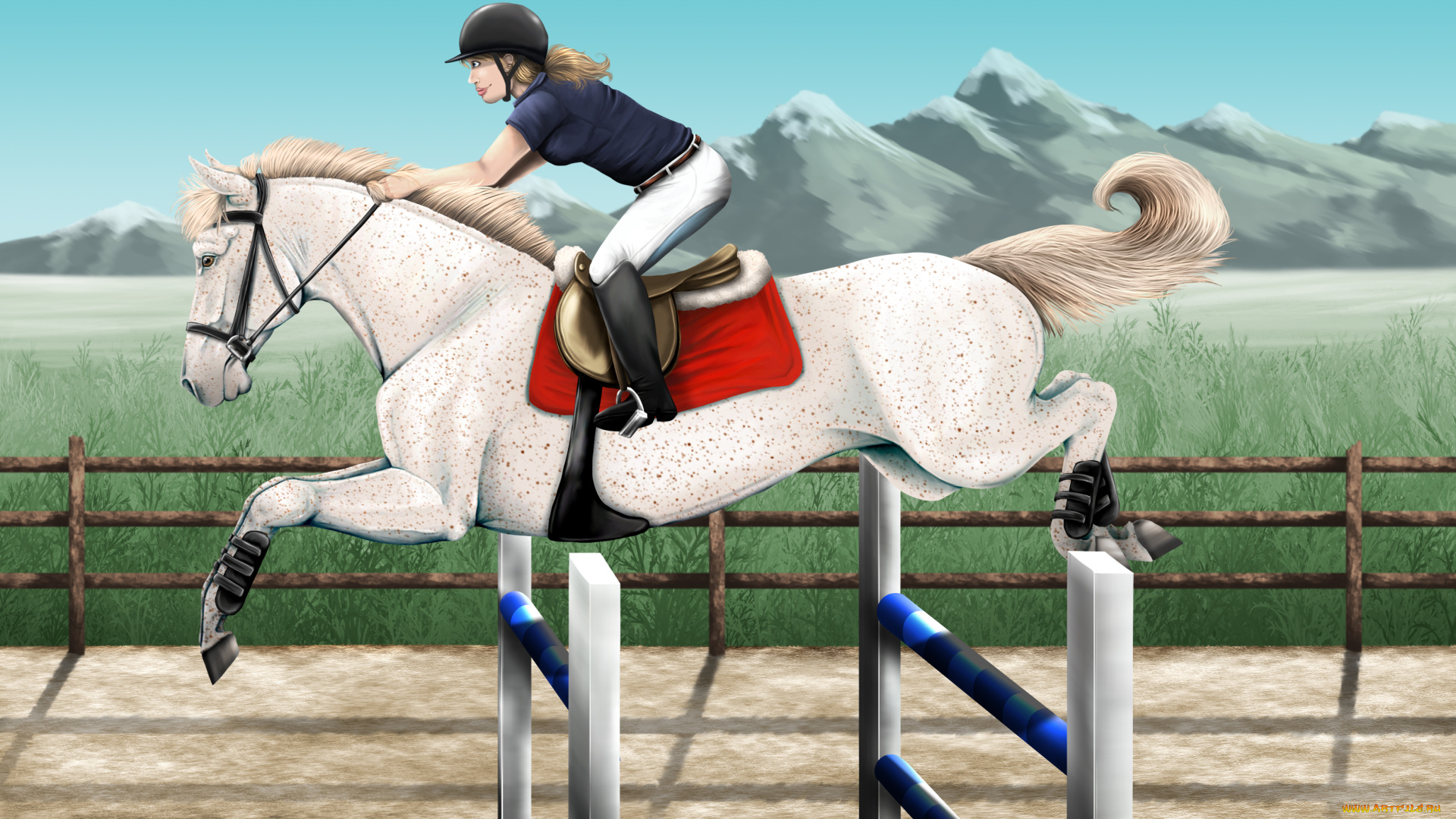 рисованные, животные, лошади, прижок, лошадь