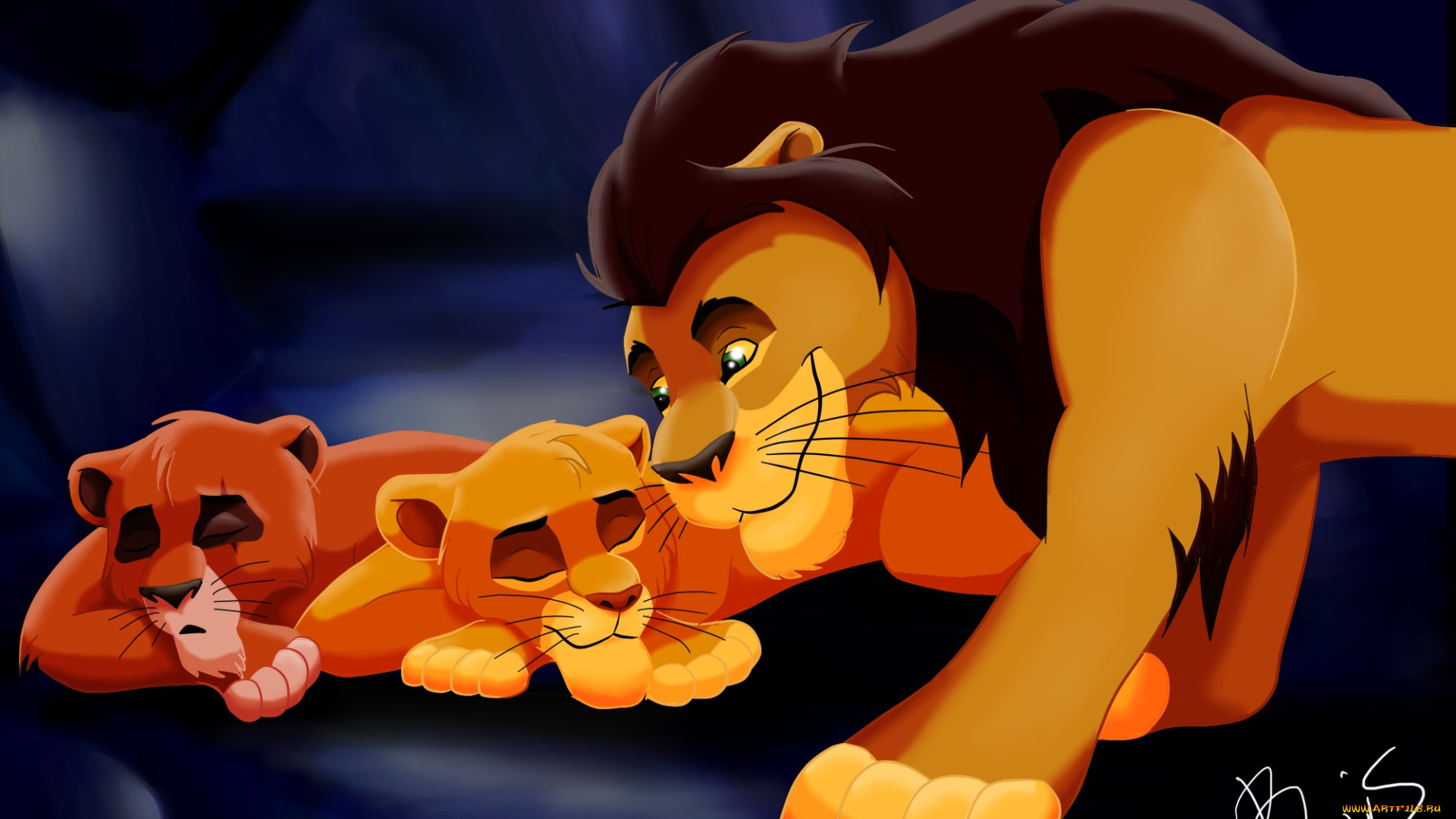 рисованные, животные, львы, львята, лев