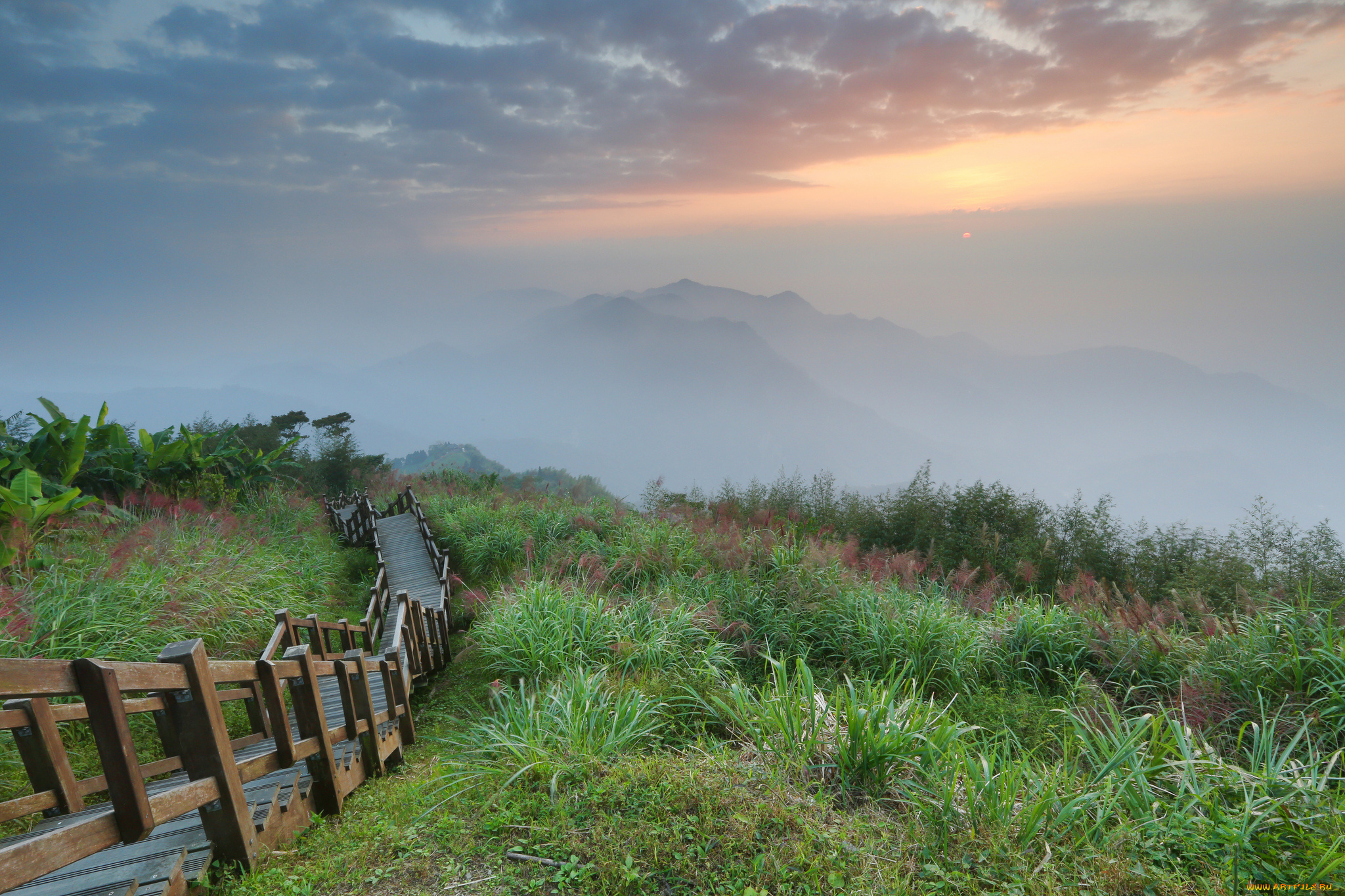 природа, горы, трава, пост, дорожка, дымка
