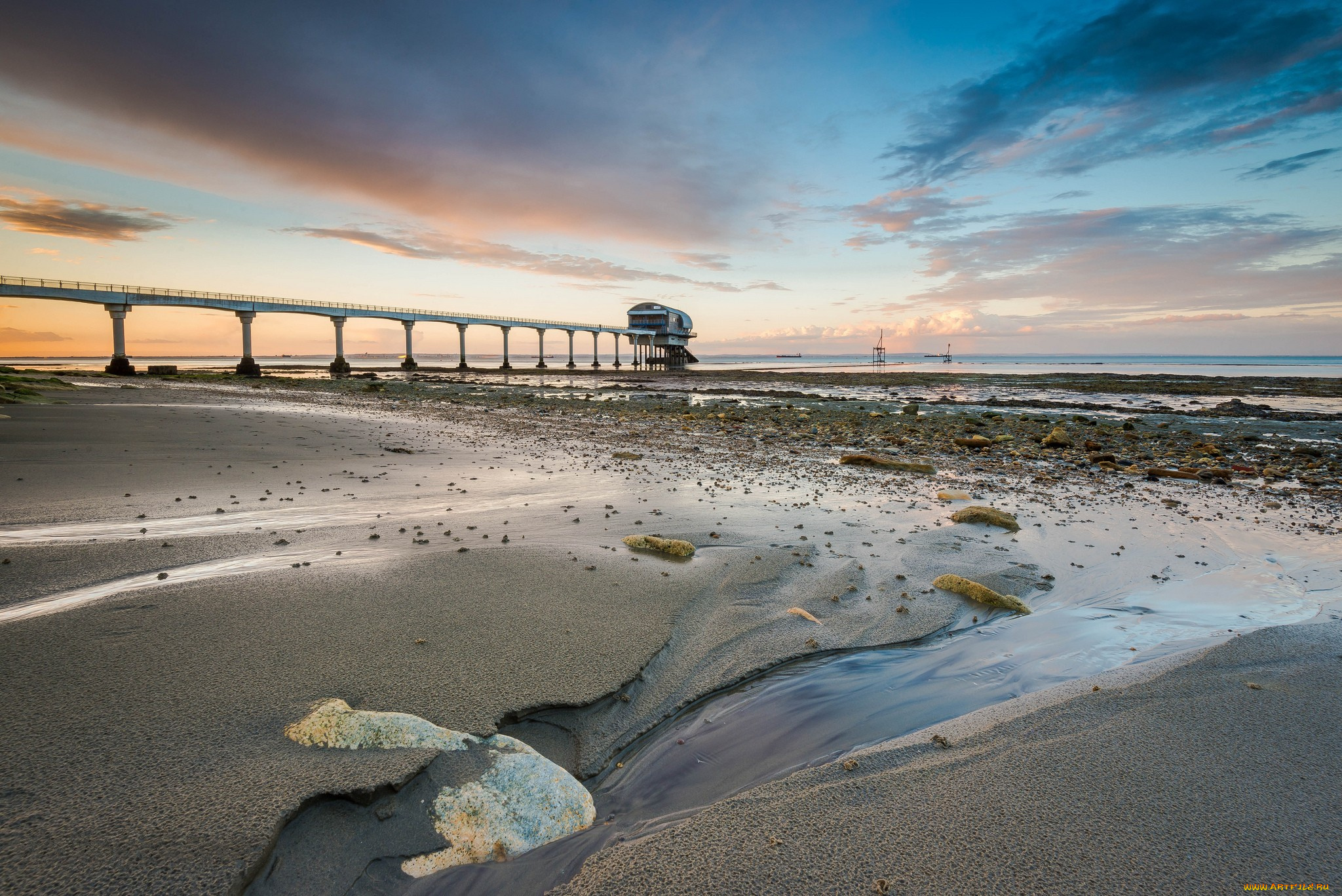 природа, побережье, пляж, море, пирс, рассвет