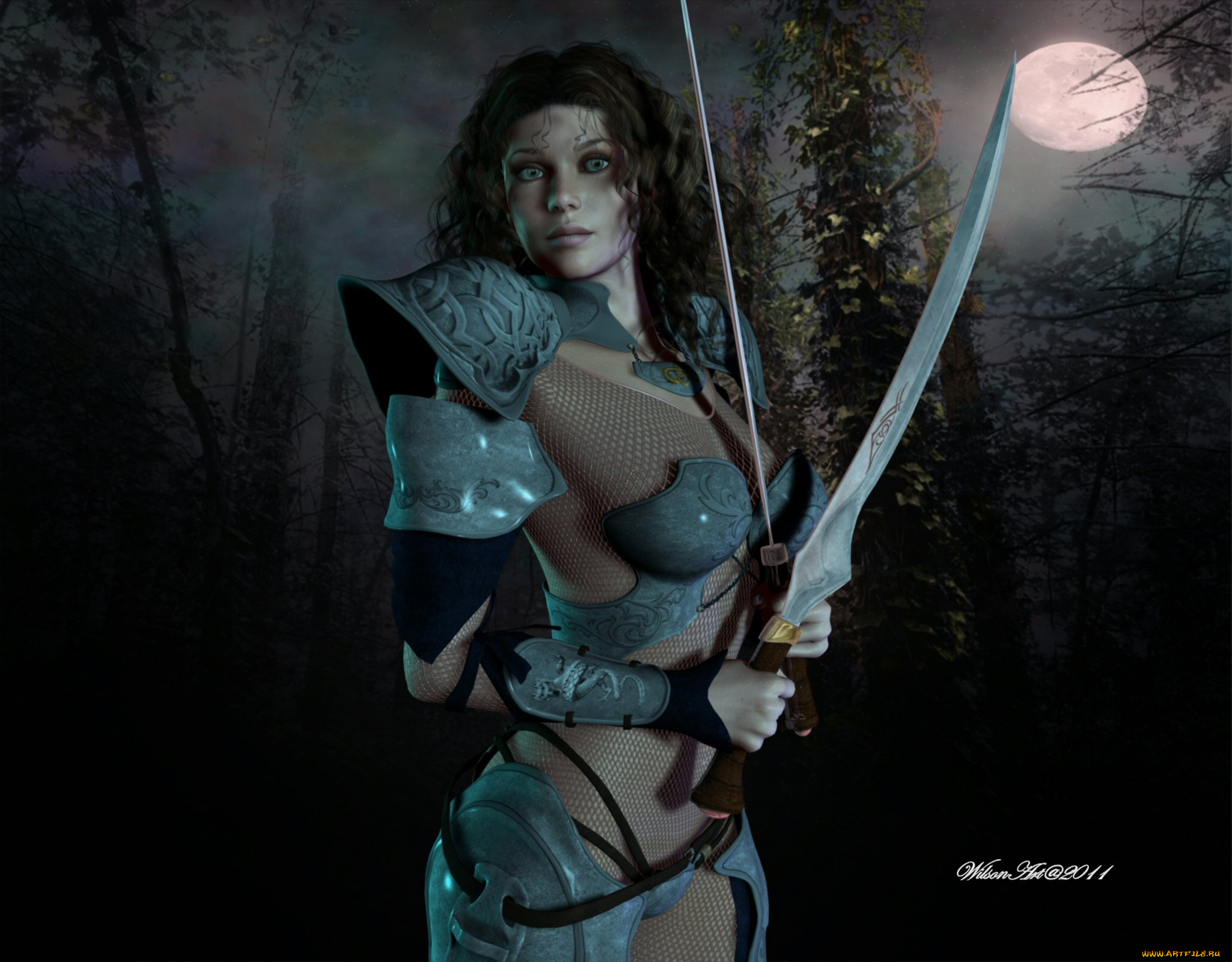 3д, графика, amazon, амазонки, девушка, мечи, луна