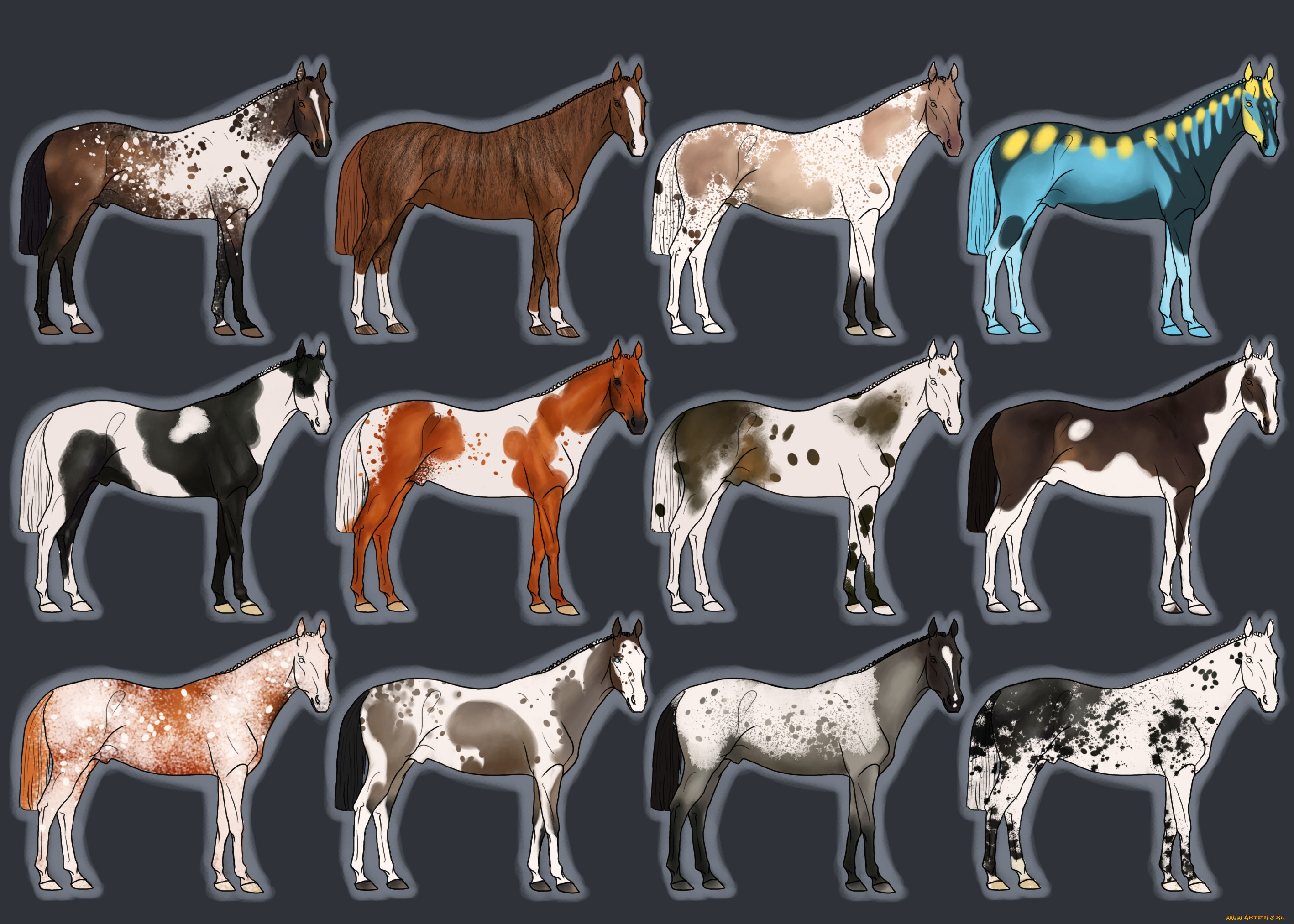 рисованные, животные, лошади