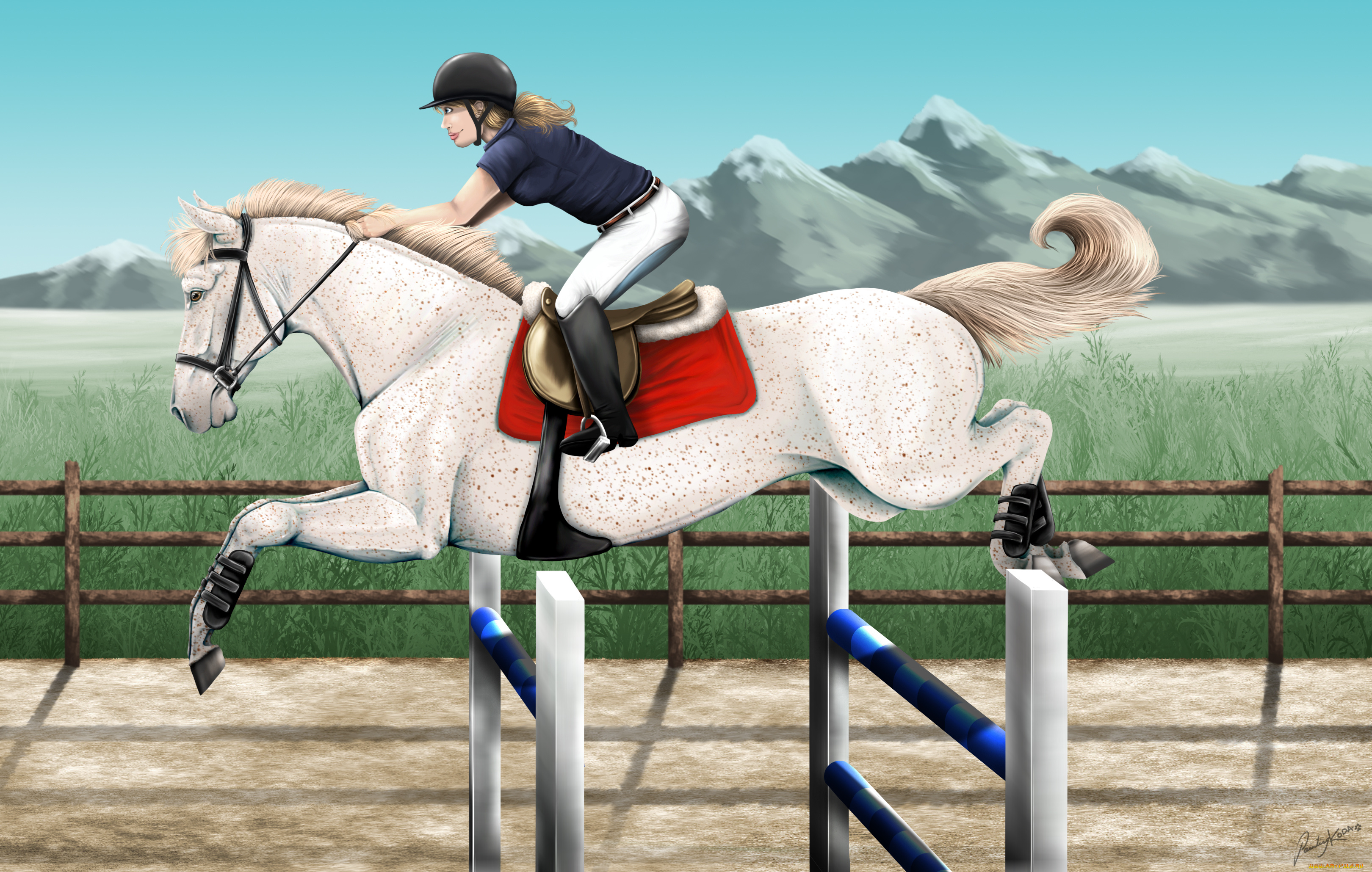 рисованные, животные, лошади, прижок, лошадь