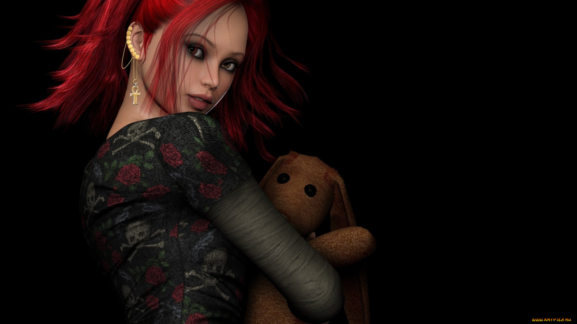 3д, графика, people, , люди, серьги, пирсинг, красные, волосы, игрушка, девушка, темный, фон