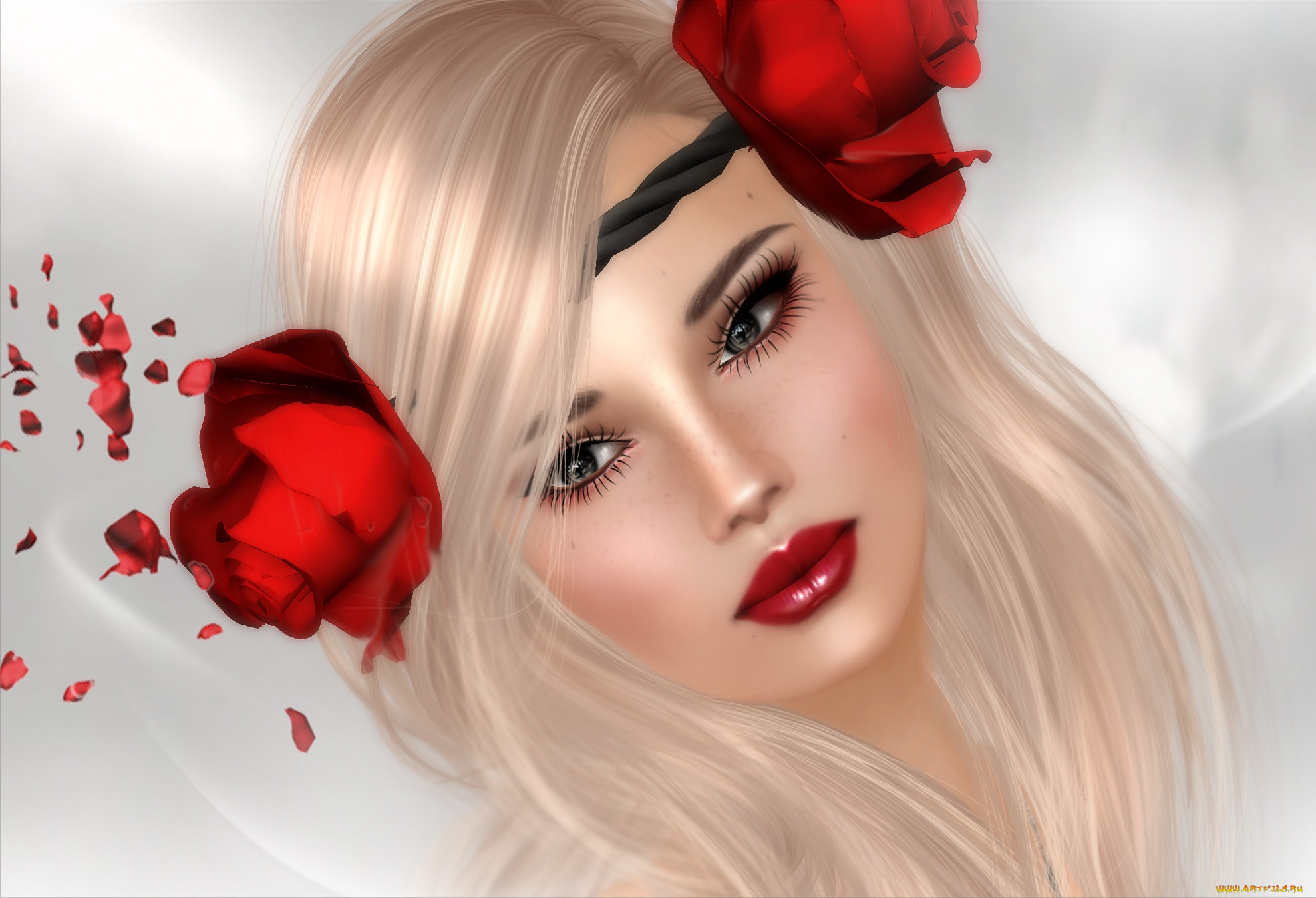 3д, графика, portraits, , портрет, лицо, цветы