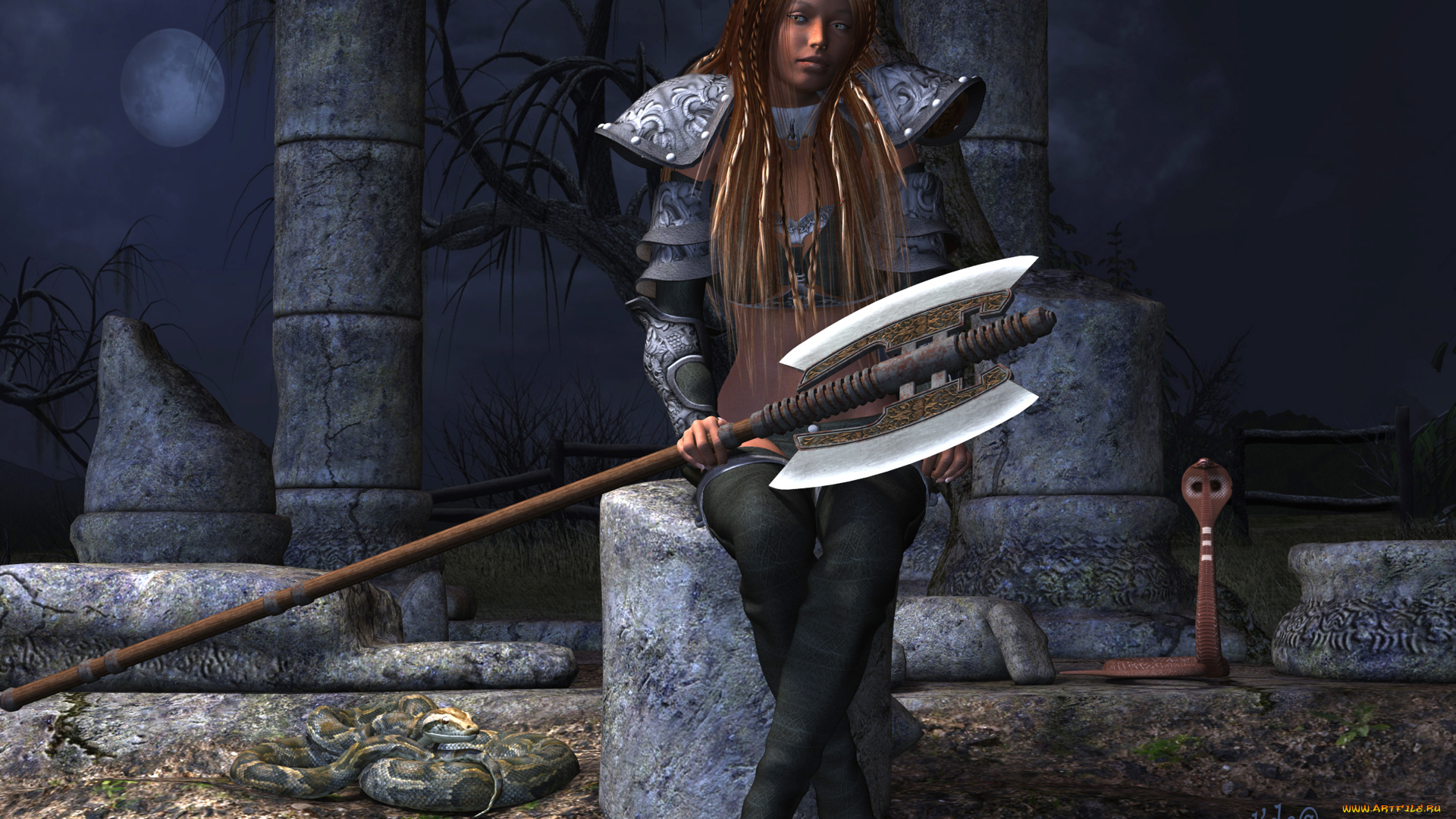 3д, графика, амазонки, , amazon, фон, змея, взгляд, девушка, оружие