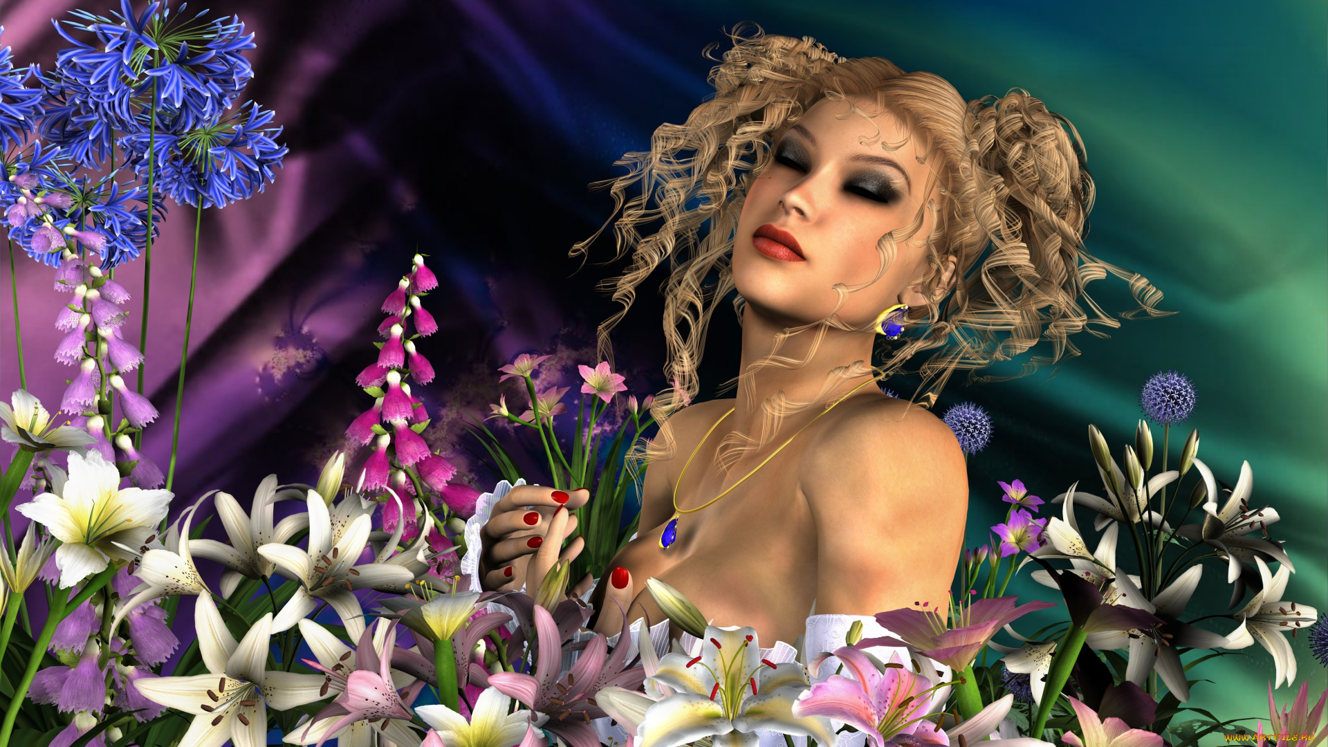 3д, графика, люди, , people, девушка, взгляд, фон, кулон, цветы