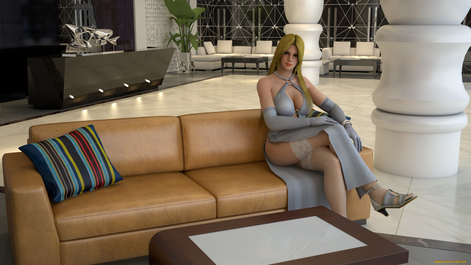 3д, графика, люди, , people, диван, стол, подушки, интерьер, фон, взгляд, девушка