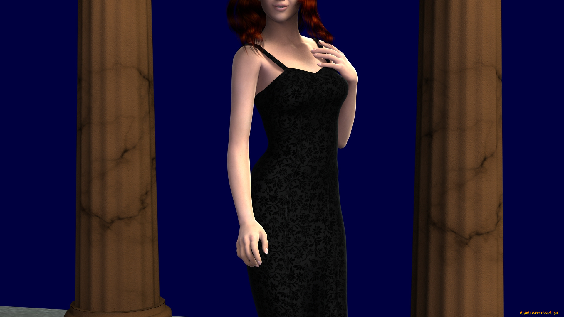 3д, графика, люди, , people, рыжая, колоны, фон, взгляд, девушка