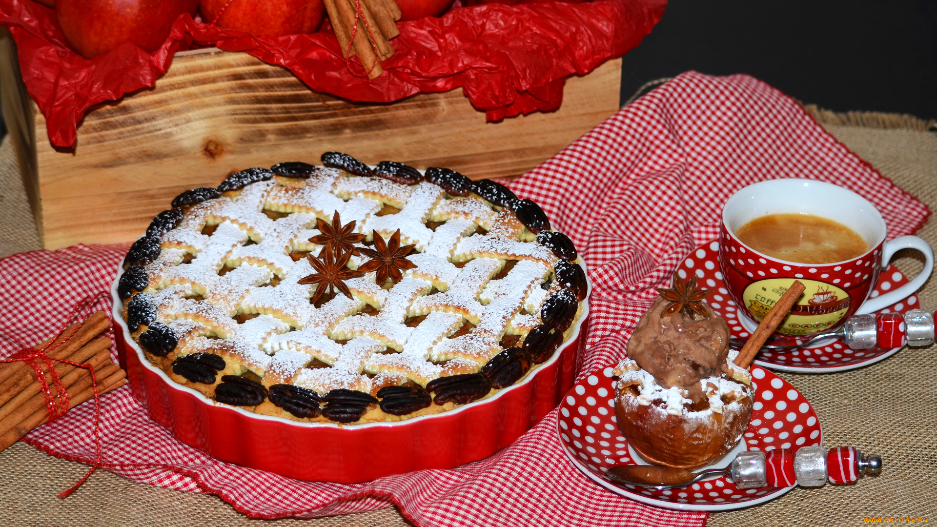 еда, пироги, яблочный, пирог, кофе, яблоки, корица, орехи, пекан, бадьян