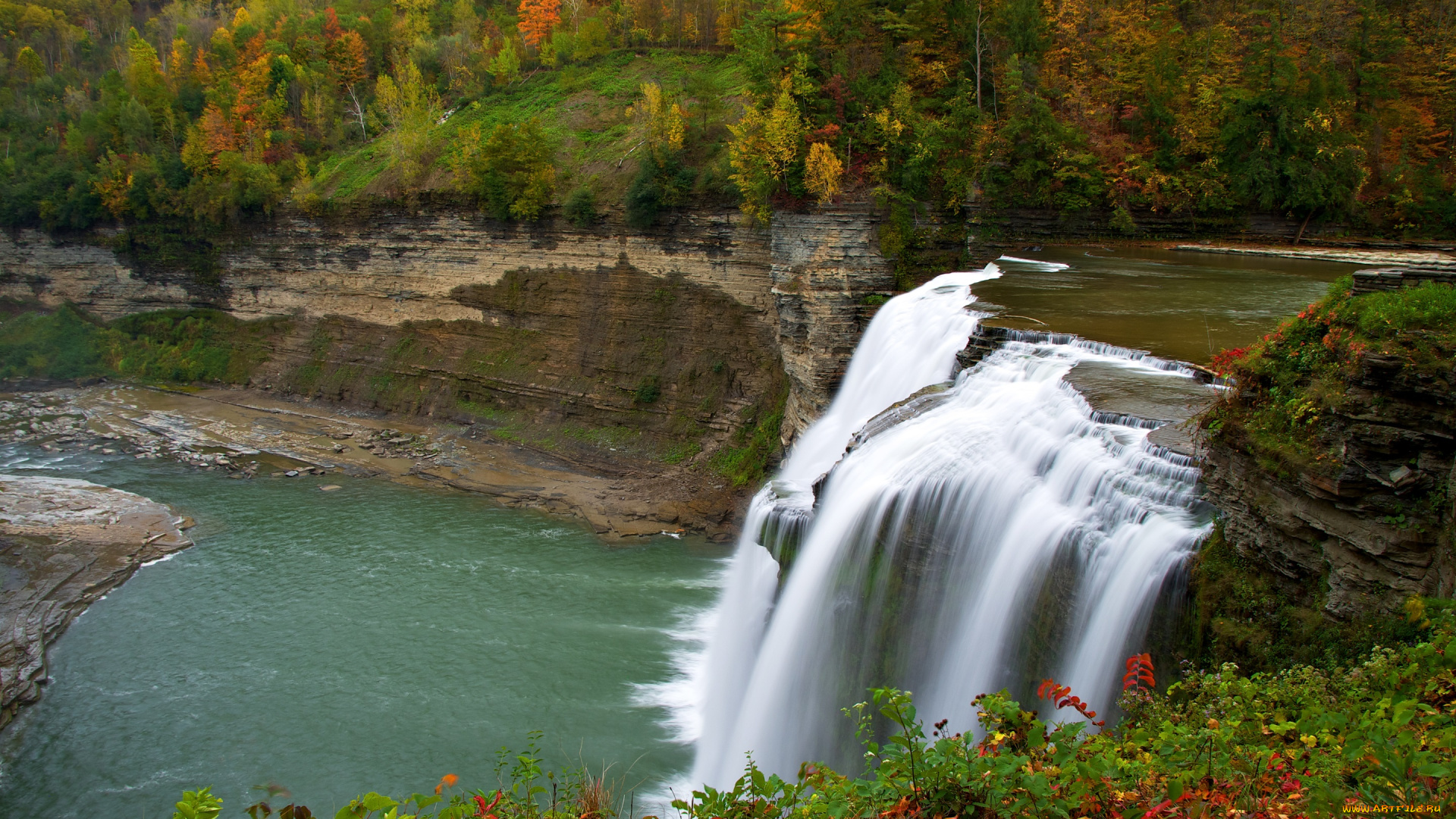 природа, водопады, река, осень, цветы, водопад, деревья, лес