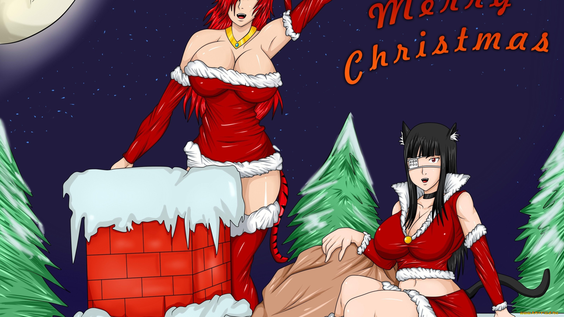 разное, арты, снегурочки, снег, фон, взгляд, луна, елки, девушки