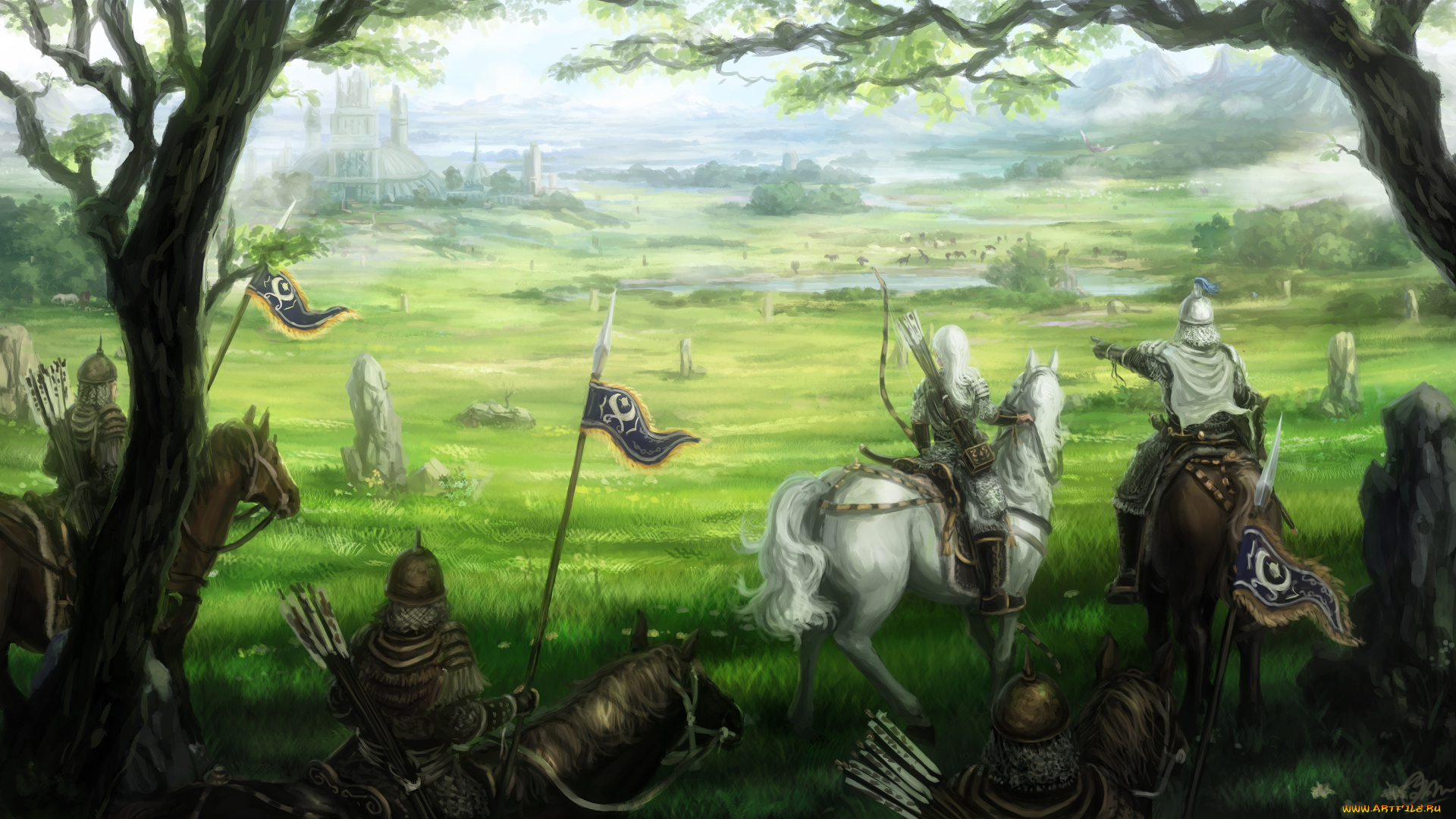 рисованное, армия, воины, крепость, луз, лошади