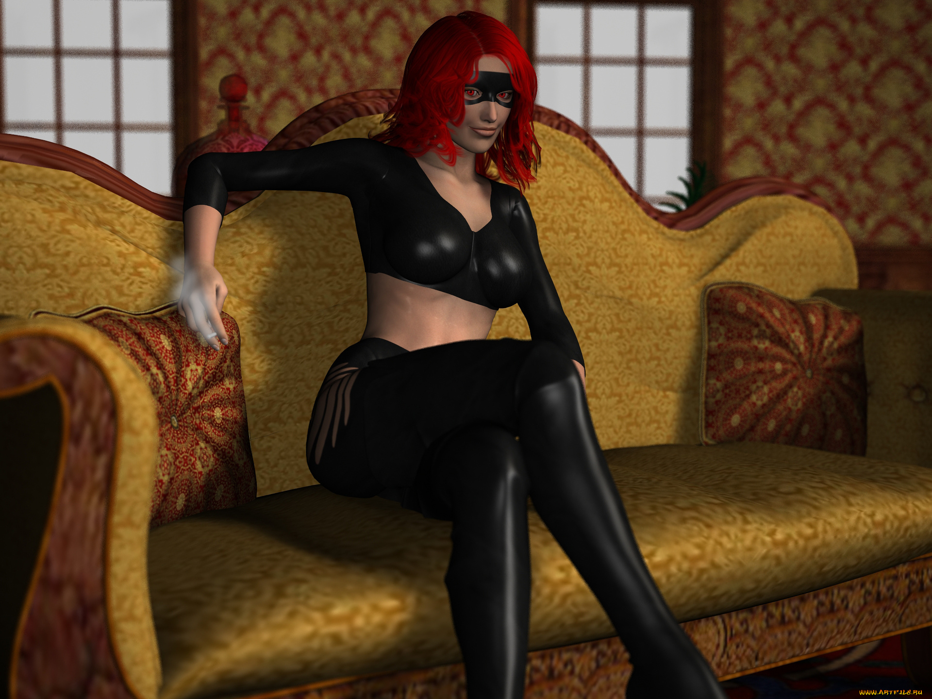 3д, графика, люди, , people, девушка, взгляд, фон, маска, диван