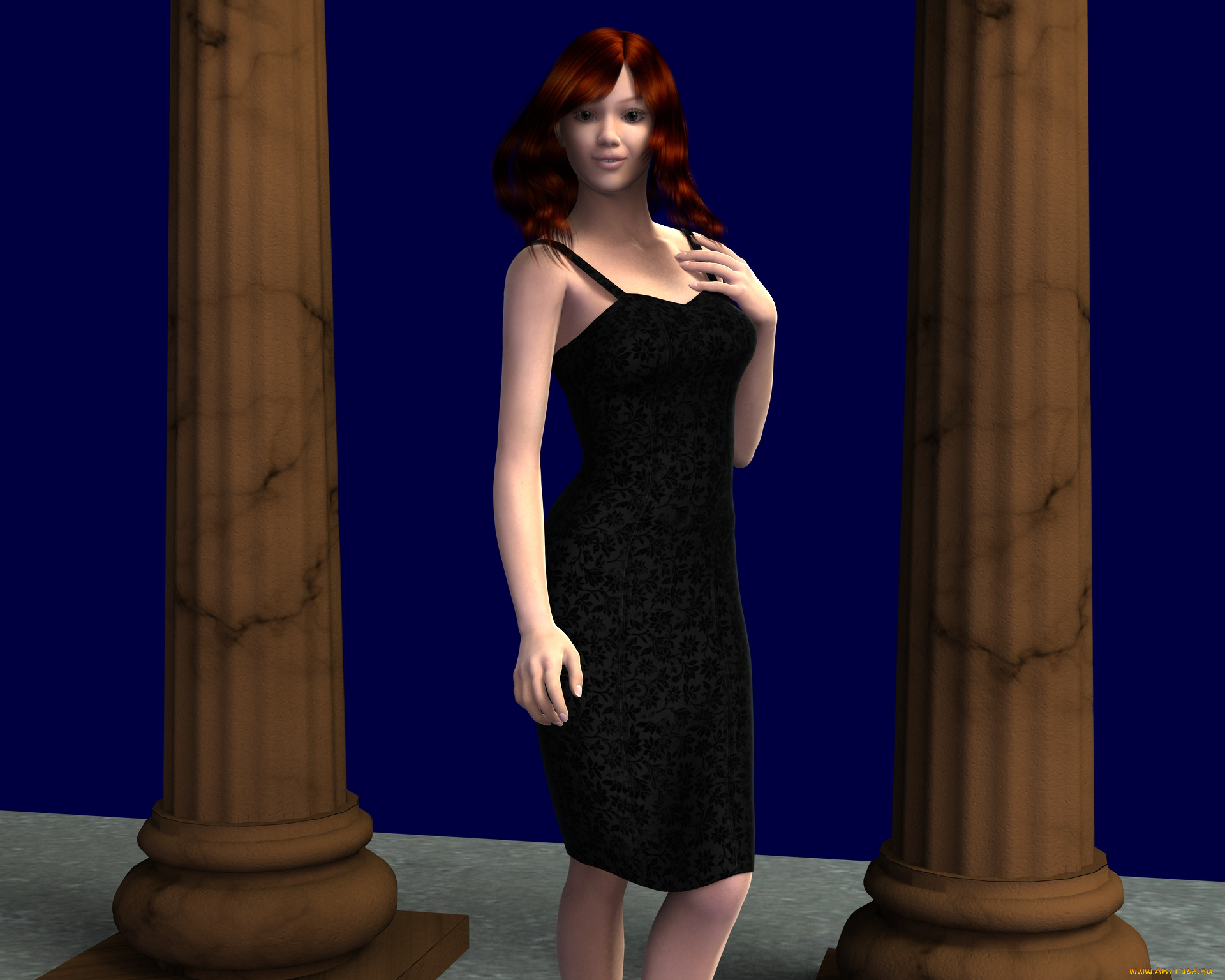 3д, графика, люди, , people, рыжая, колоны, фон, взгляд, девушка