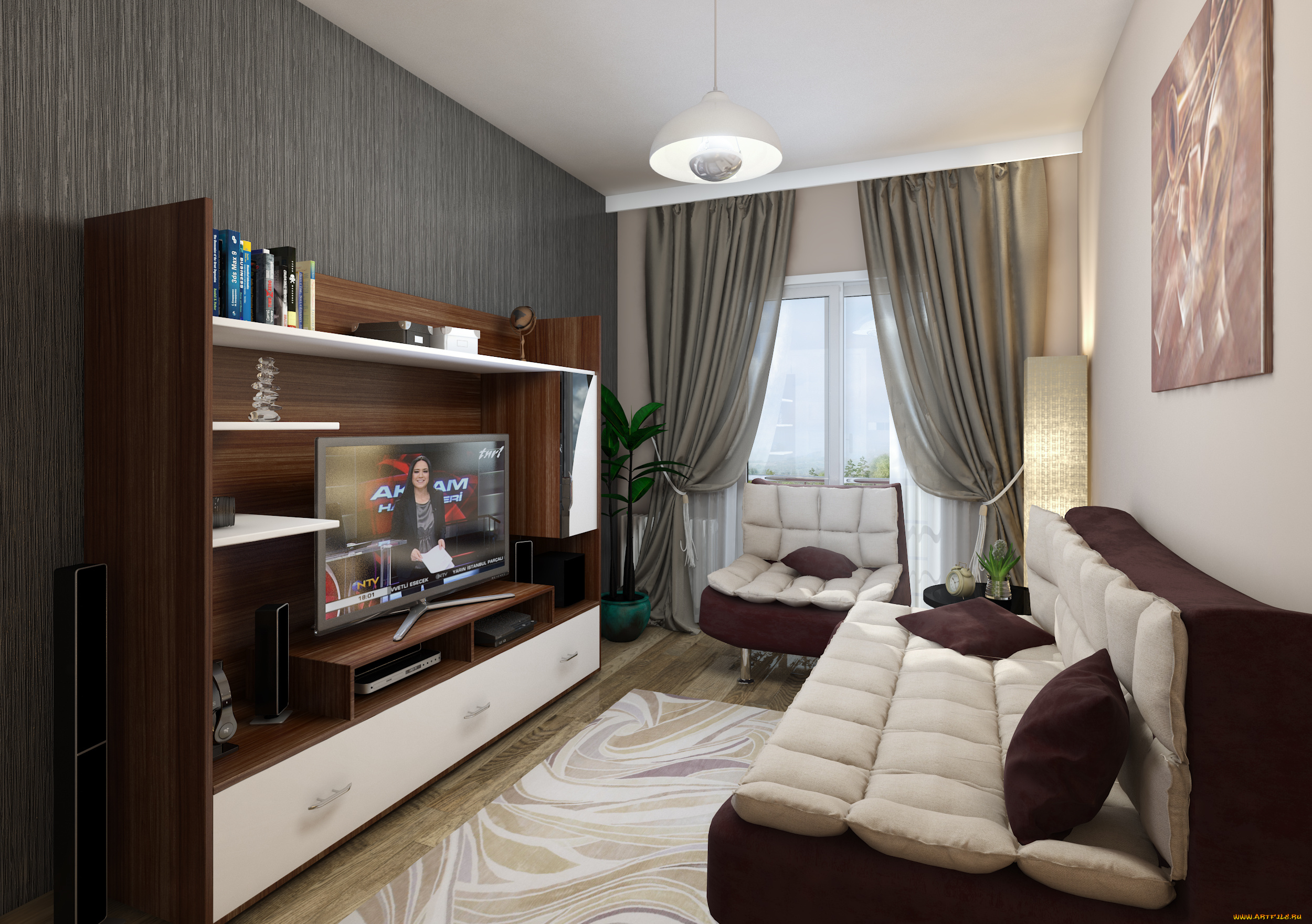 3д, графика, реализм, , realism, окно, картина, коврик, диван, интерьер, комната, светильник, штора