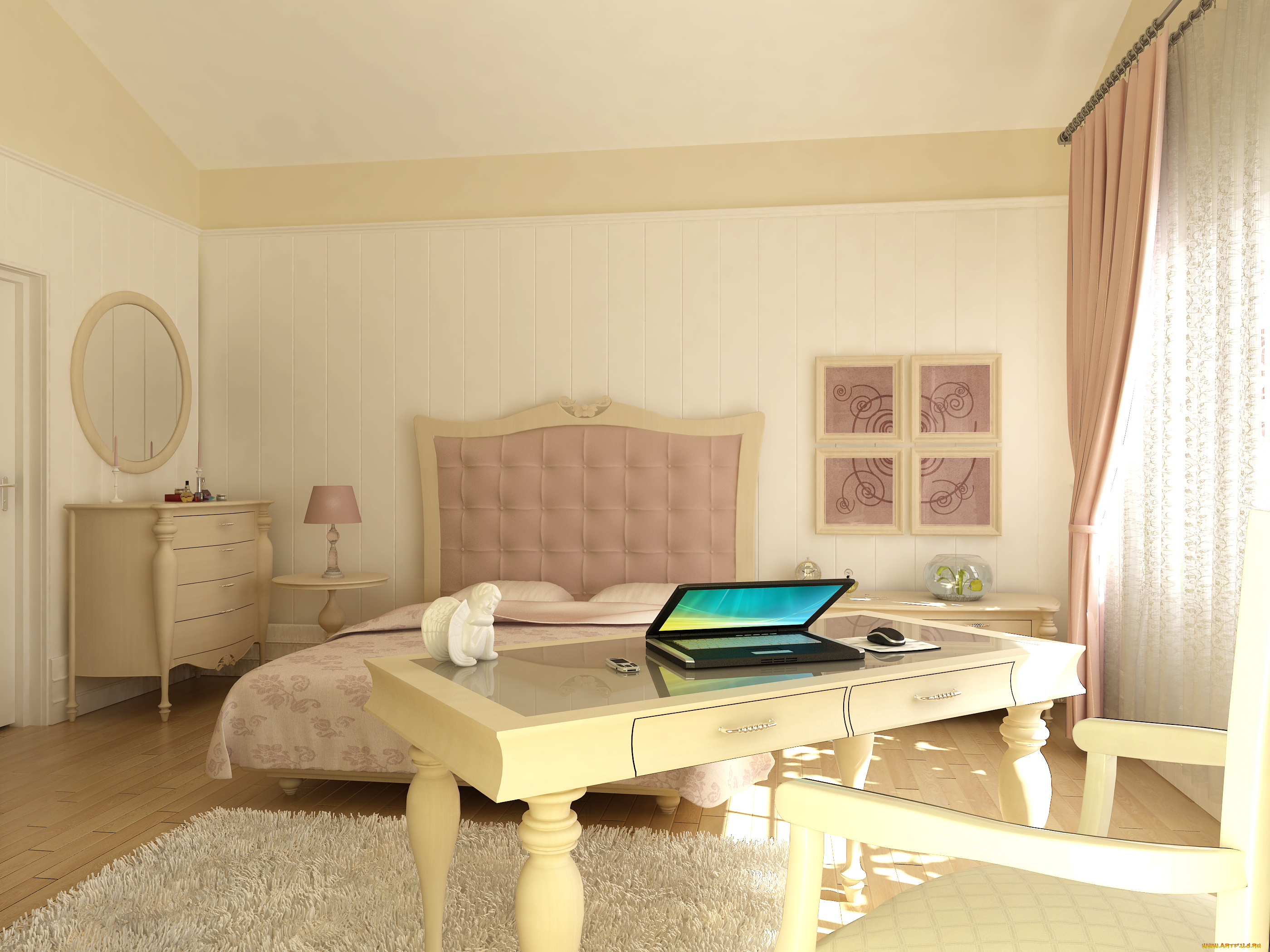 3д, графика, реализм, , realism, ноутбук, коврик, картина, диван, интерьер, зеркало, стол, статуэтка, комната