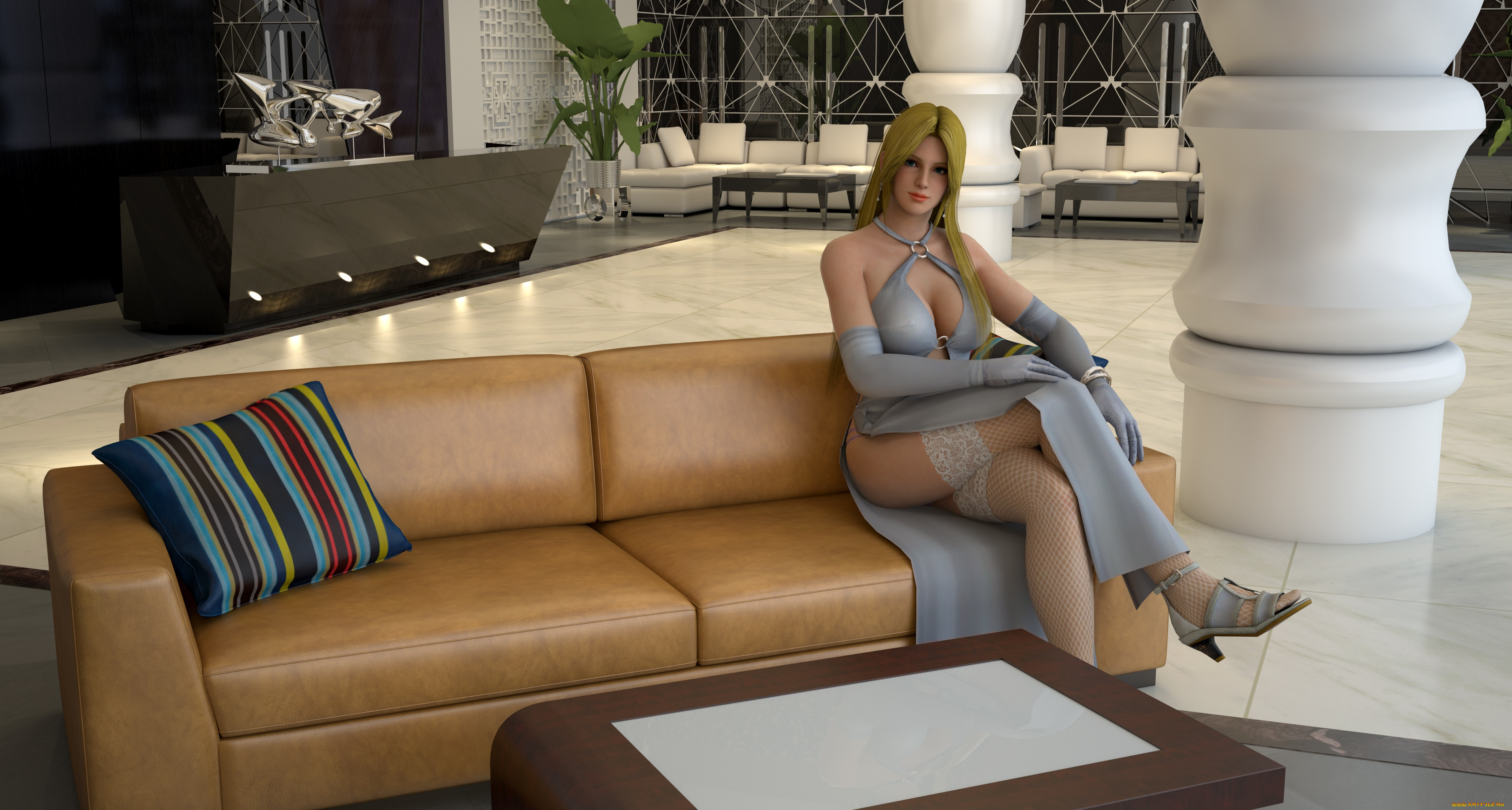 3д, графика, люди, , people, диван, стол, подушки, интерьер, фон, взгляд, девушка
