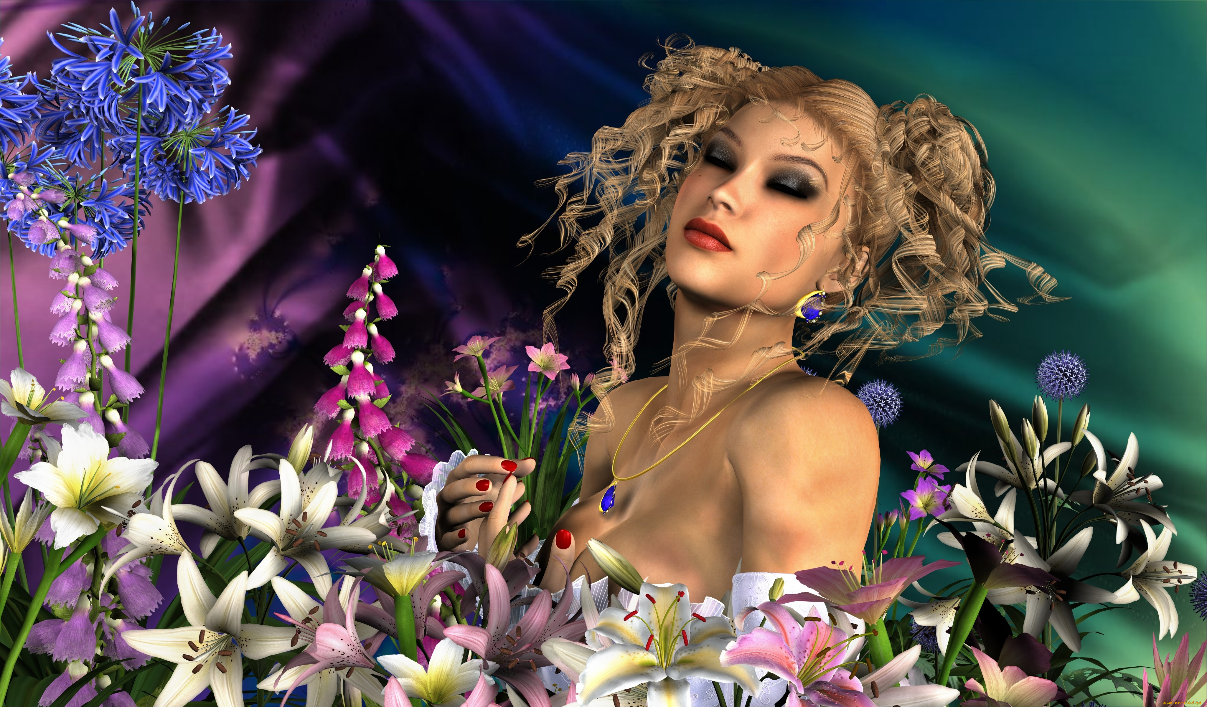 3д, графика, люди, , people, девушка, взгляд, фон, кулон, цветы