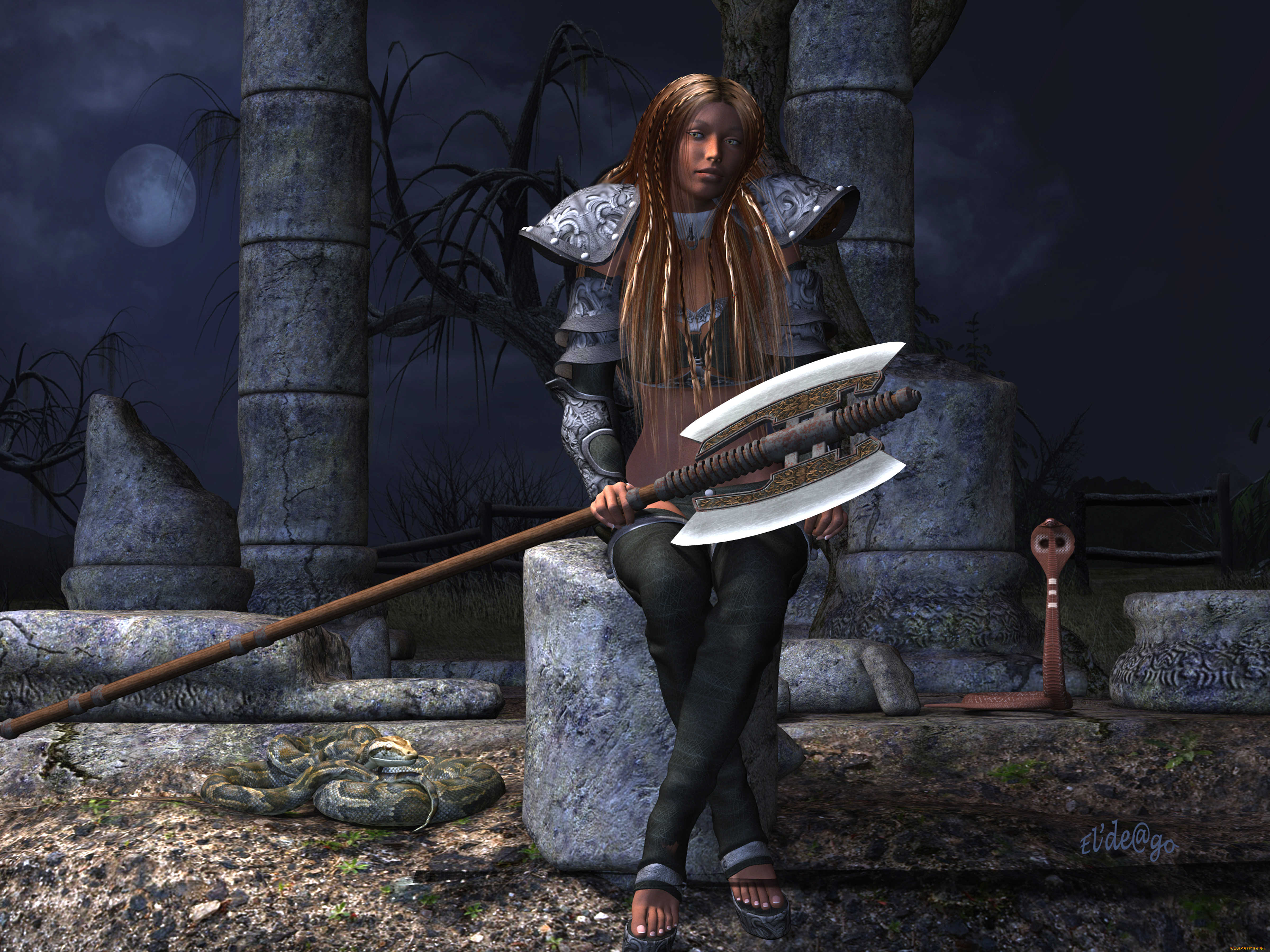 3д, графика, амазонки, , amazon, фон, змея, взгляд, девушка, оружие