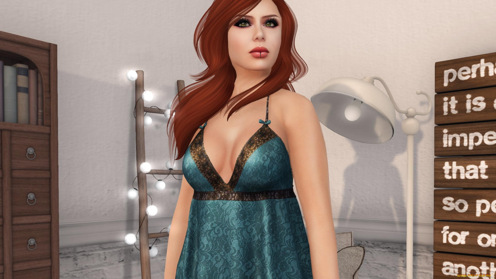 3д, графика, люди, , people, девушка, взгляд, фон, рыжая, интерьер