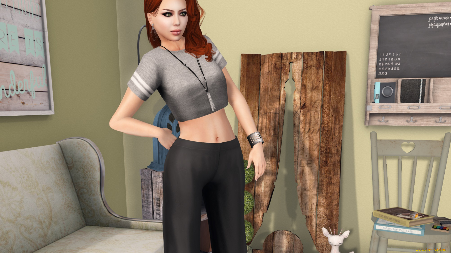 3д, графика, люди, , people, девушка, взгляд, фон, рыжая, интерьер