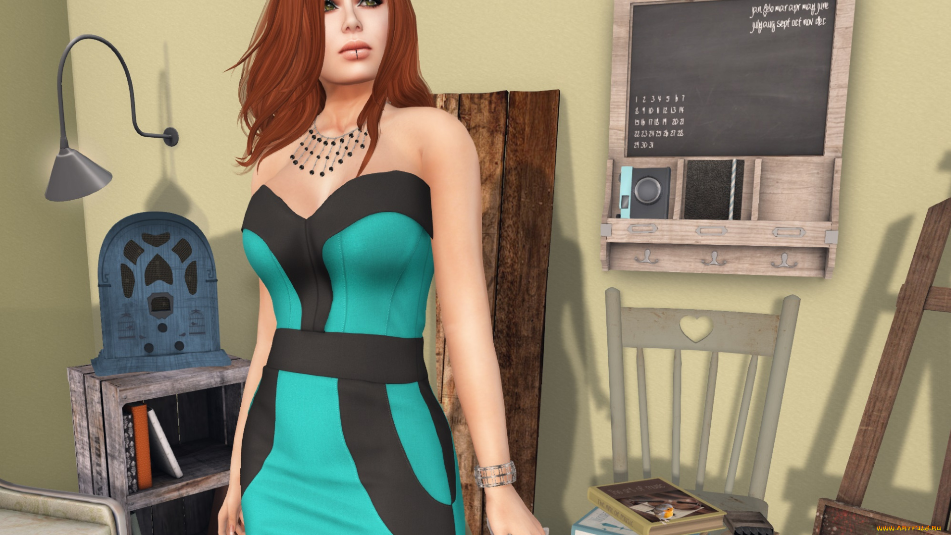 3д, графика, люди, , people, девушка, взгляд, фон, рыжая, интерьер