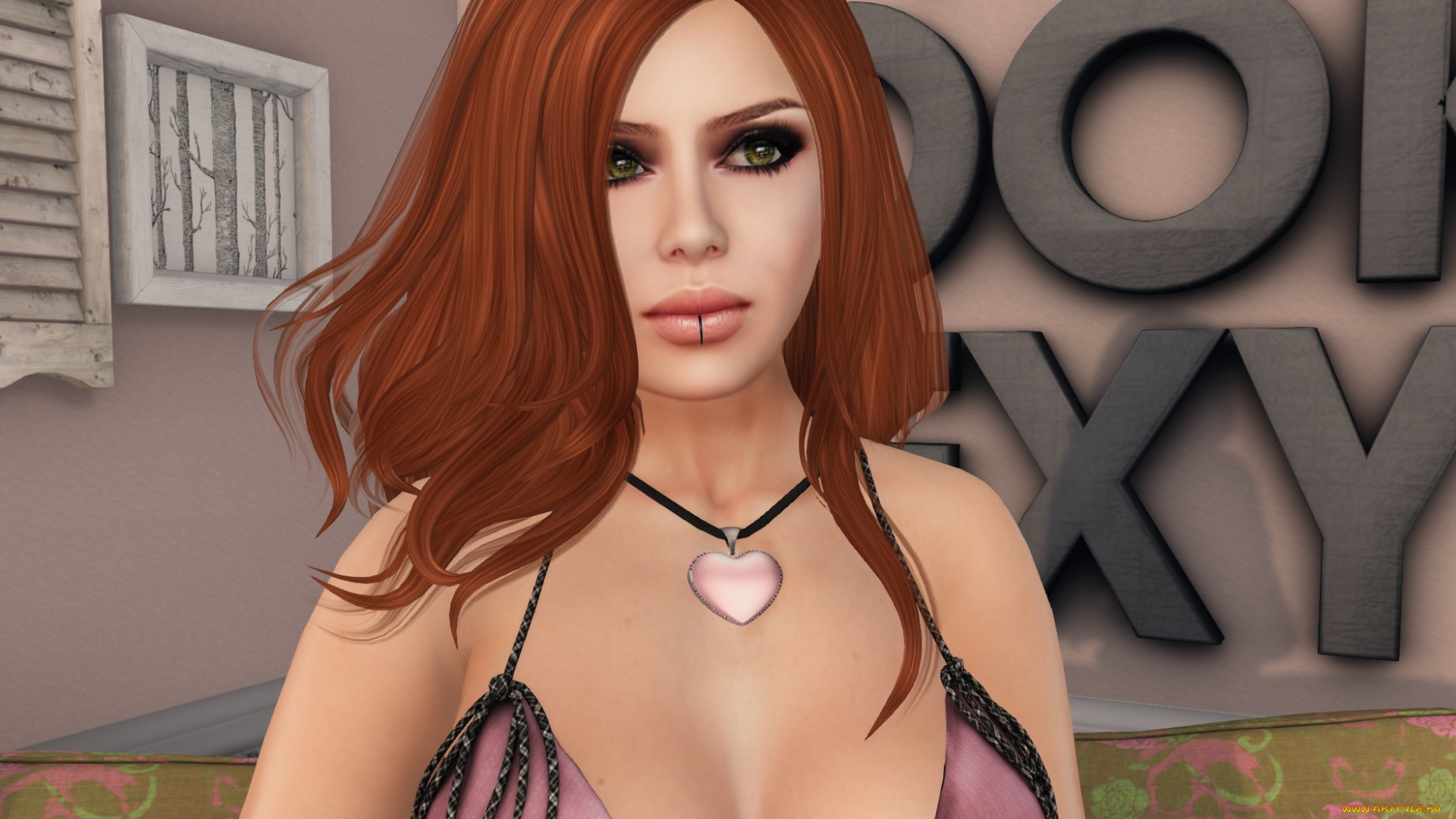 3д, графика, люди, , people, девушка, взгляд, фон, рыжая, интерьер