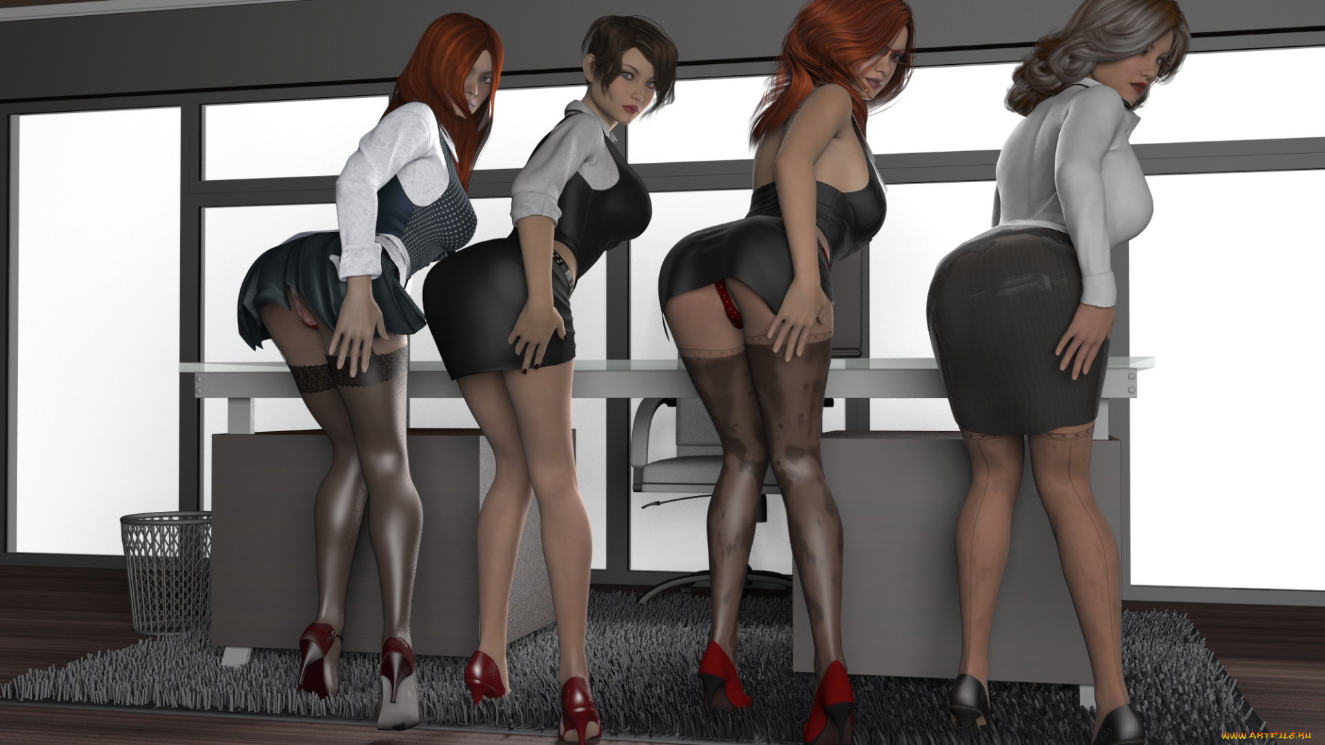 3д, графика, люди, , people, взгляд, девушки, фон, офис