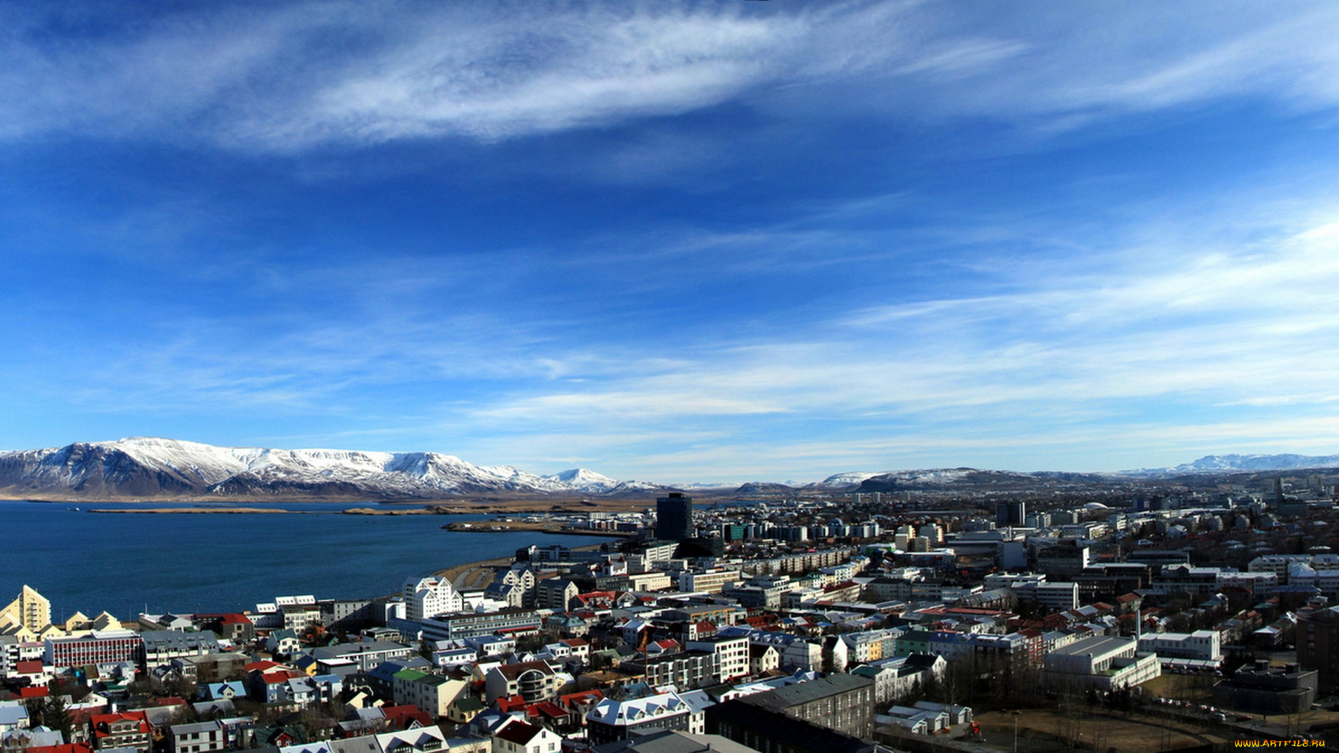 города, -, панорамы, гренландия, залив, панорама, горы, город