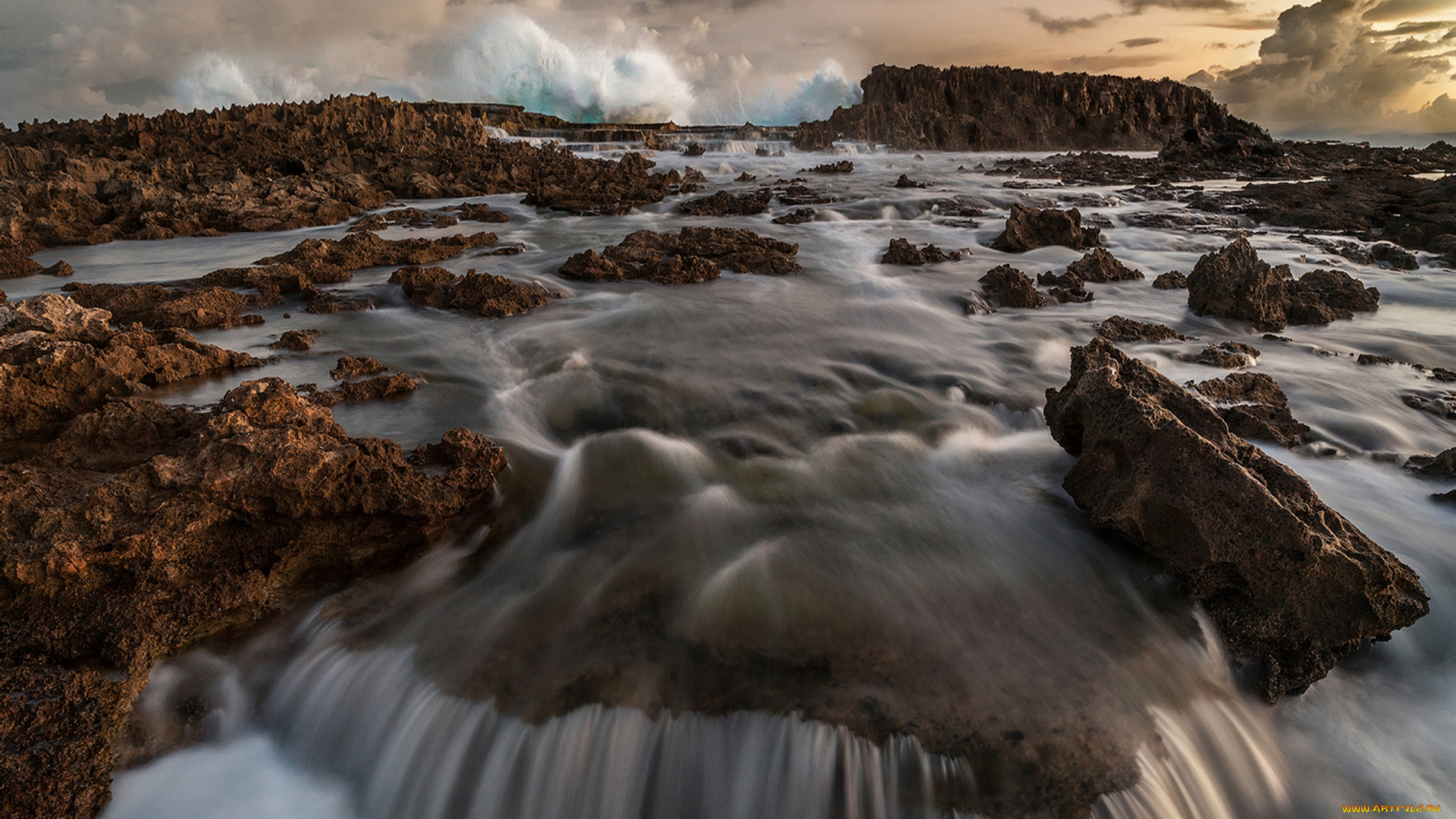 природа, побережье, камни, облака, поток